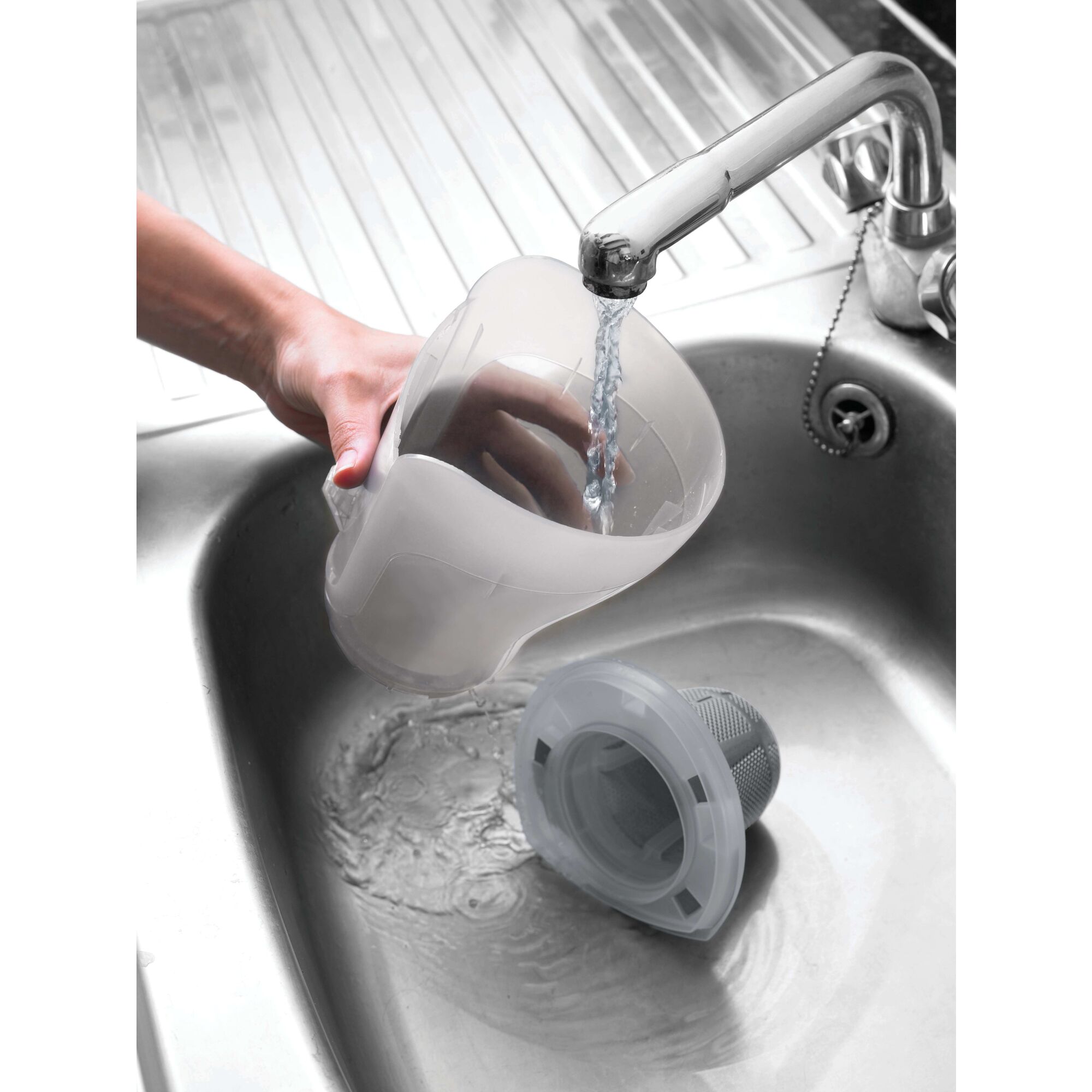 Washable bowl feature of Dustbuster cordless hand vacuum.