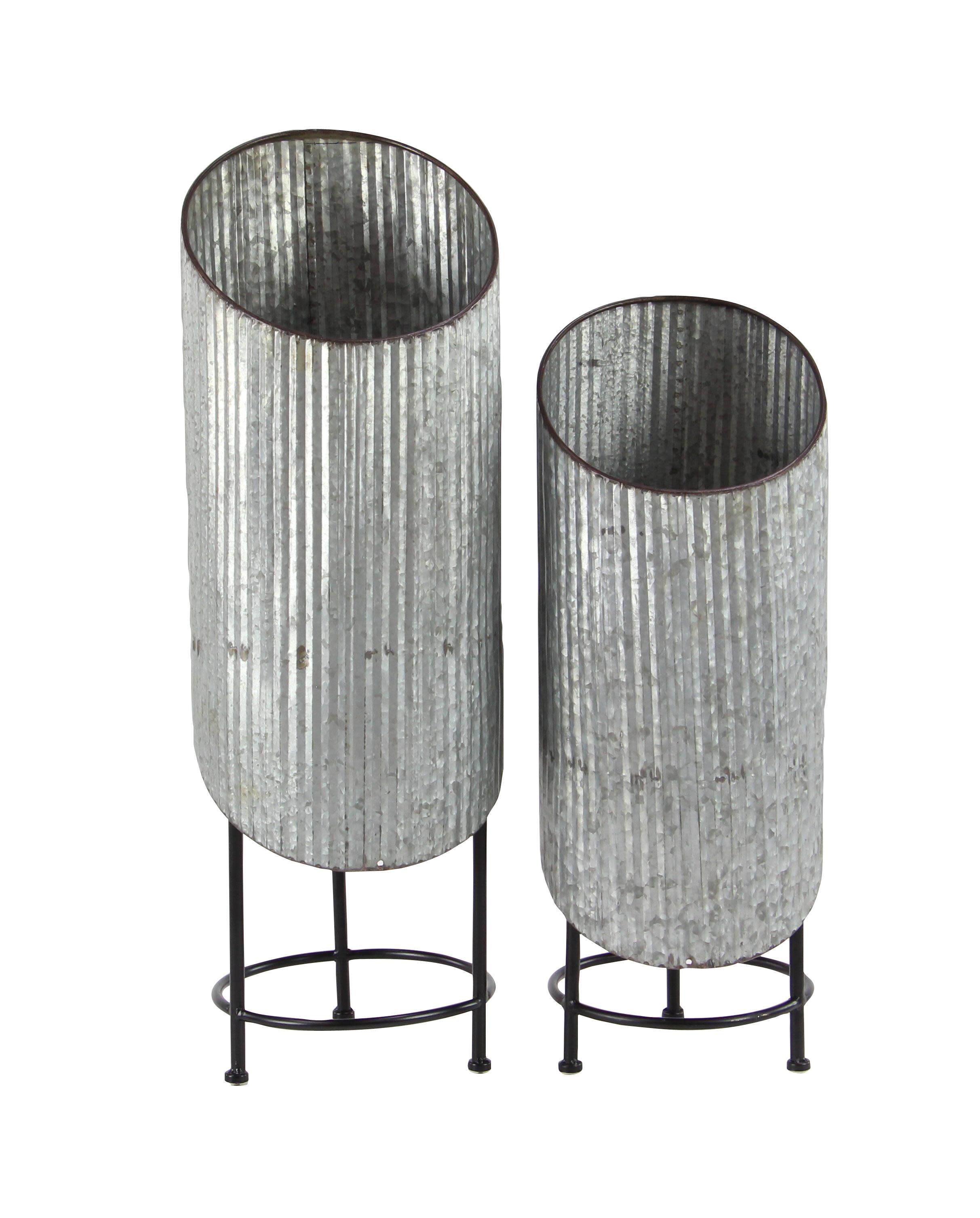 modern gray cylinder metal planters, set of 2, 11" x 11" x 27"