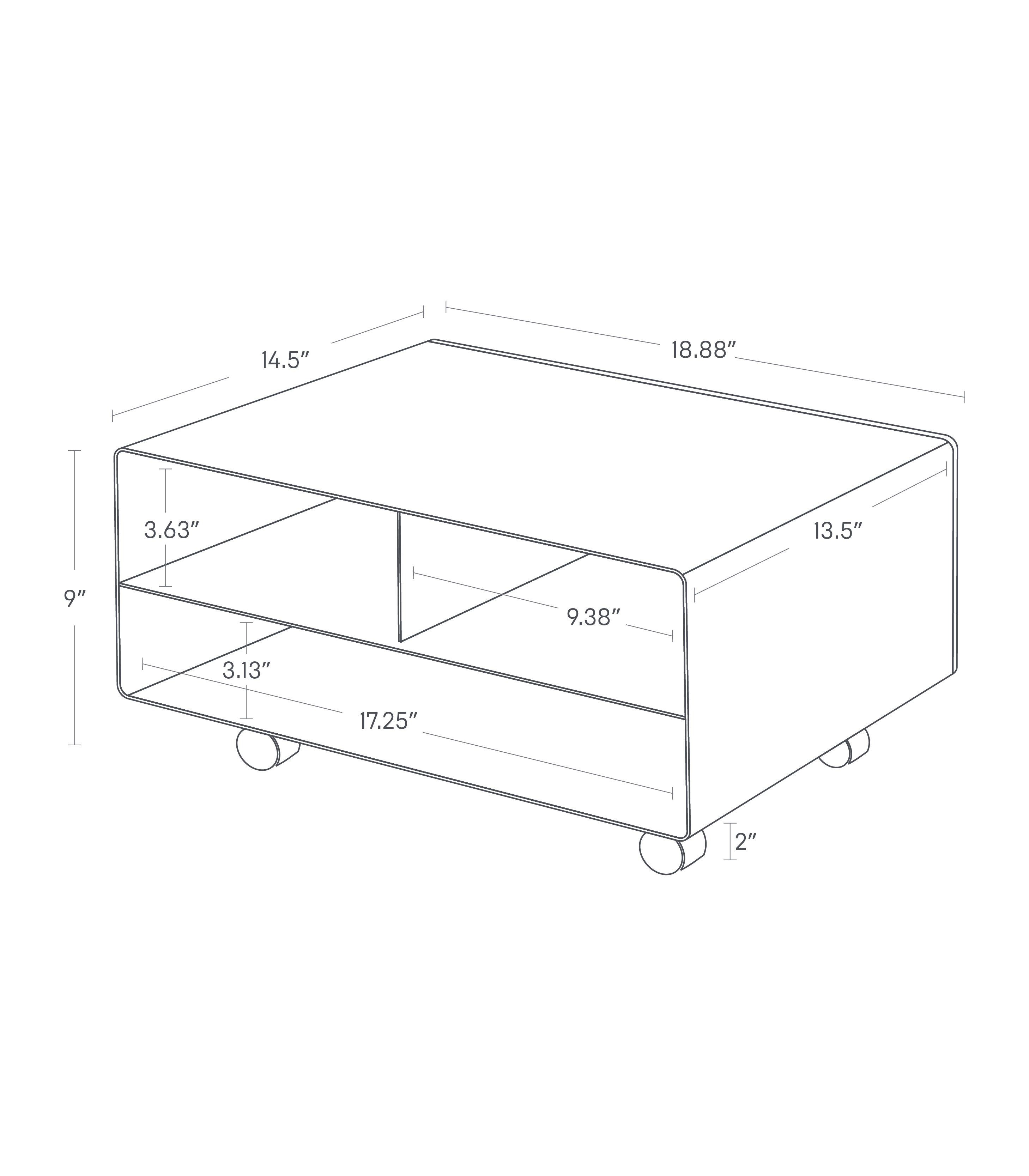 TOWER Rolling Printer Stand. 18.88 inches long, 14.5 inches wide, 9 inches tall. Top compartments: 9.38 inches long and 3.63 inches tall. Bottom compartment 17.25 inches long, 3.13 inches tall.