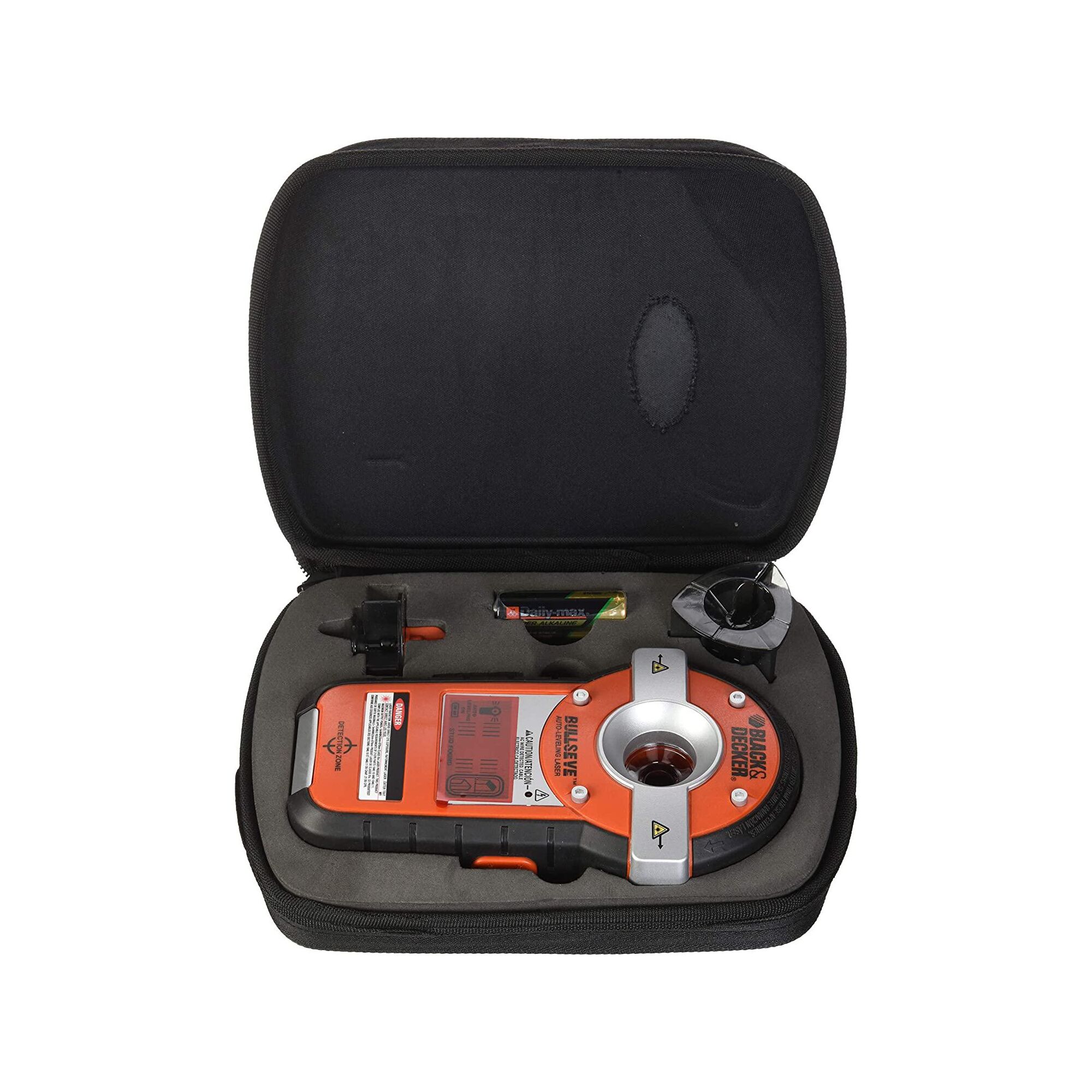 Black and decker Bulls Eye Auto Leveling Laser Interco stored in storage case with lid open