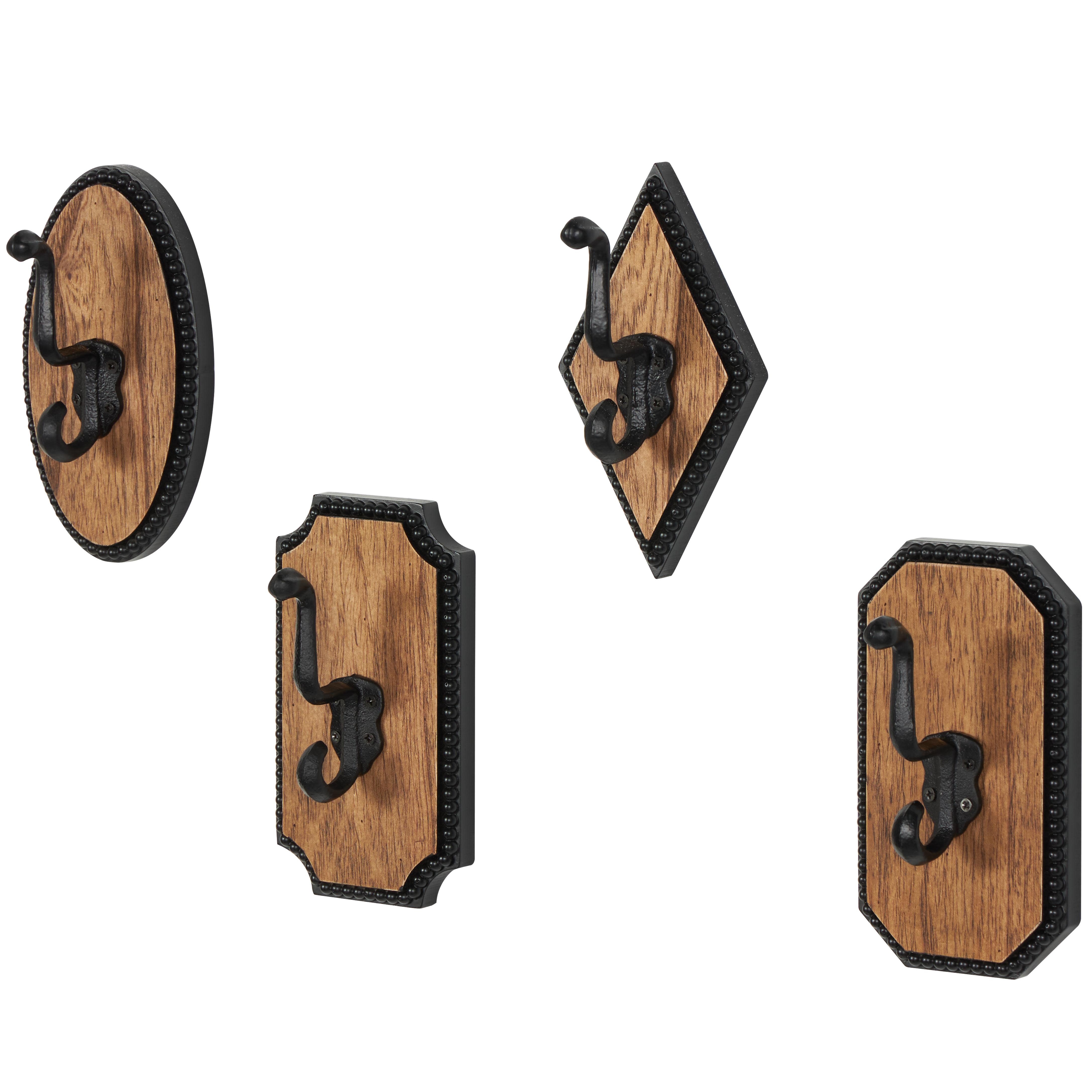 ( 6 sets ) Brown Wooden Geometric Vintage Inspired Home Wall Hook with Black Beaded Frames and Varying Shapes, Set of 4 4\"W, 7\"H
