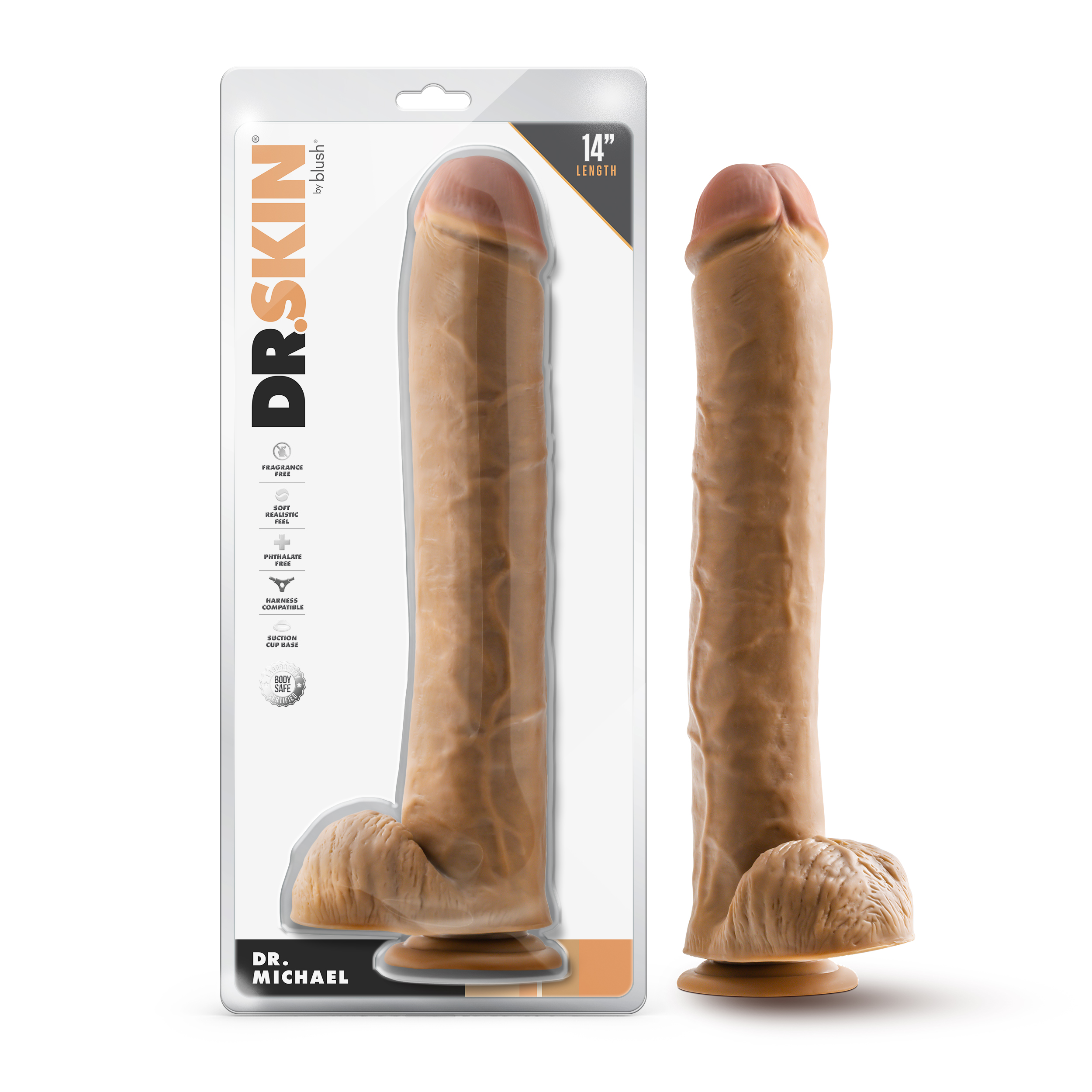 Blush Dr. Skin Dr. Michael 14 Inch Long Dildo with Suction Cup & Balls Tan