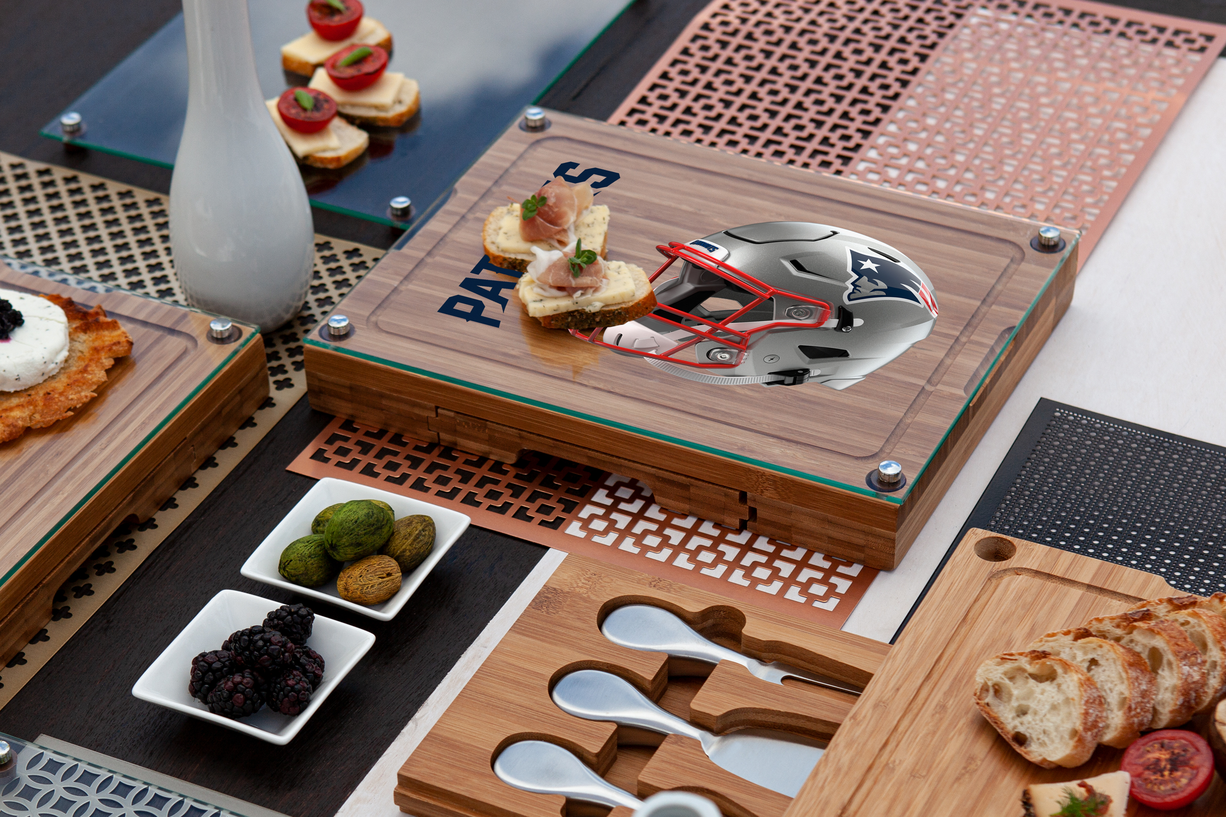 New England Patriots - Concerto Glass Top Cheese Cutting Board & Tools Set