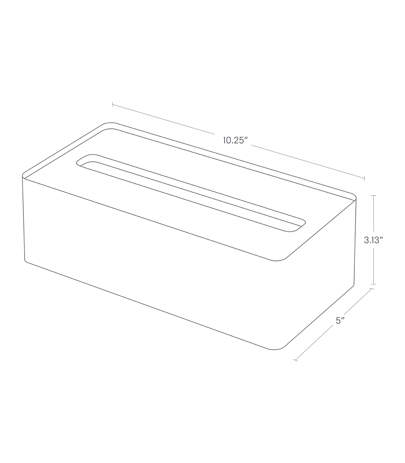 Dimension image for Tissue Caseon a white background showinglength of 10.25", width of 5", height of 3.13".