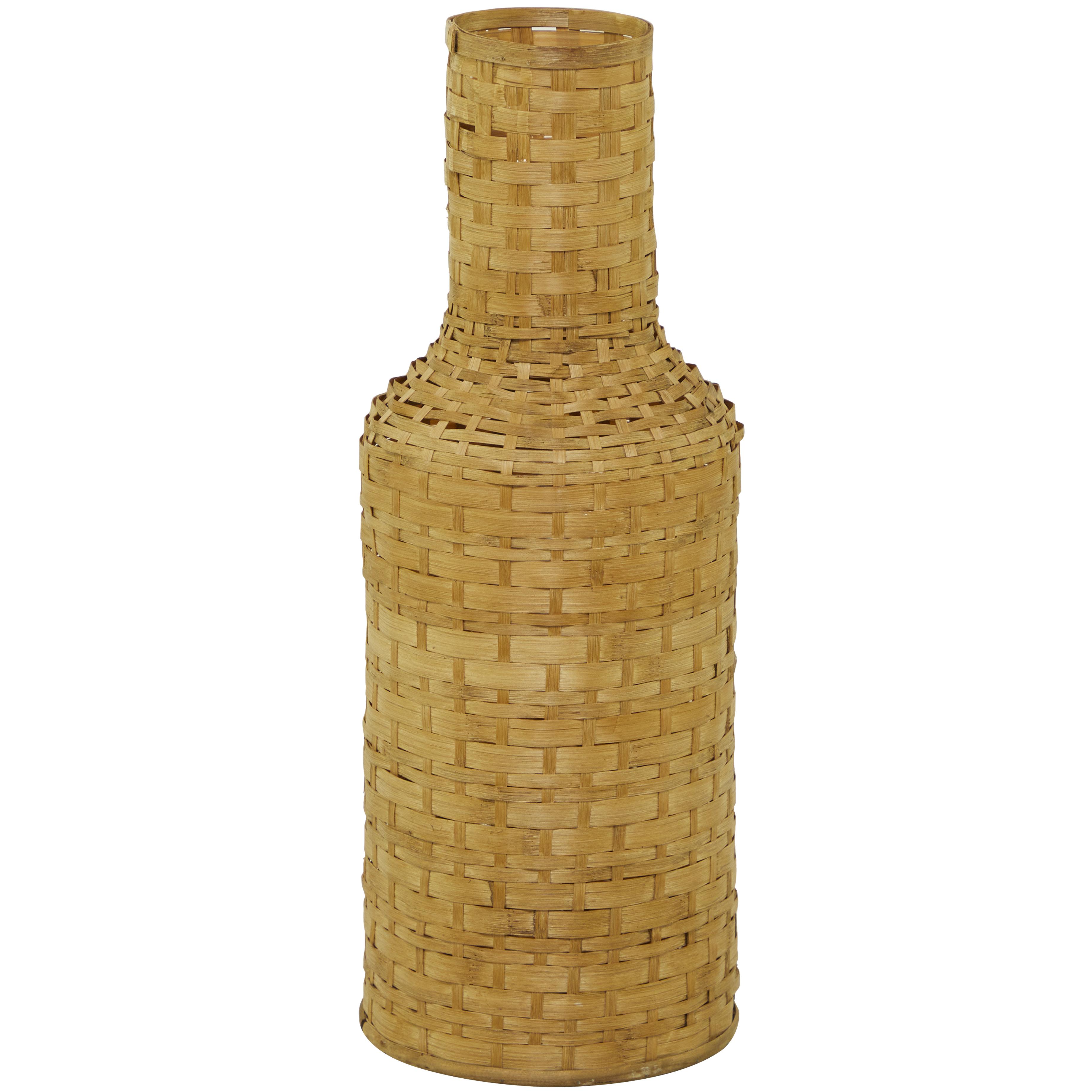 brown bamboo wood  tall woven floor decorative vase, 8" x 8" x 22"