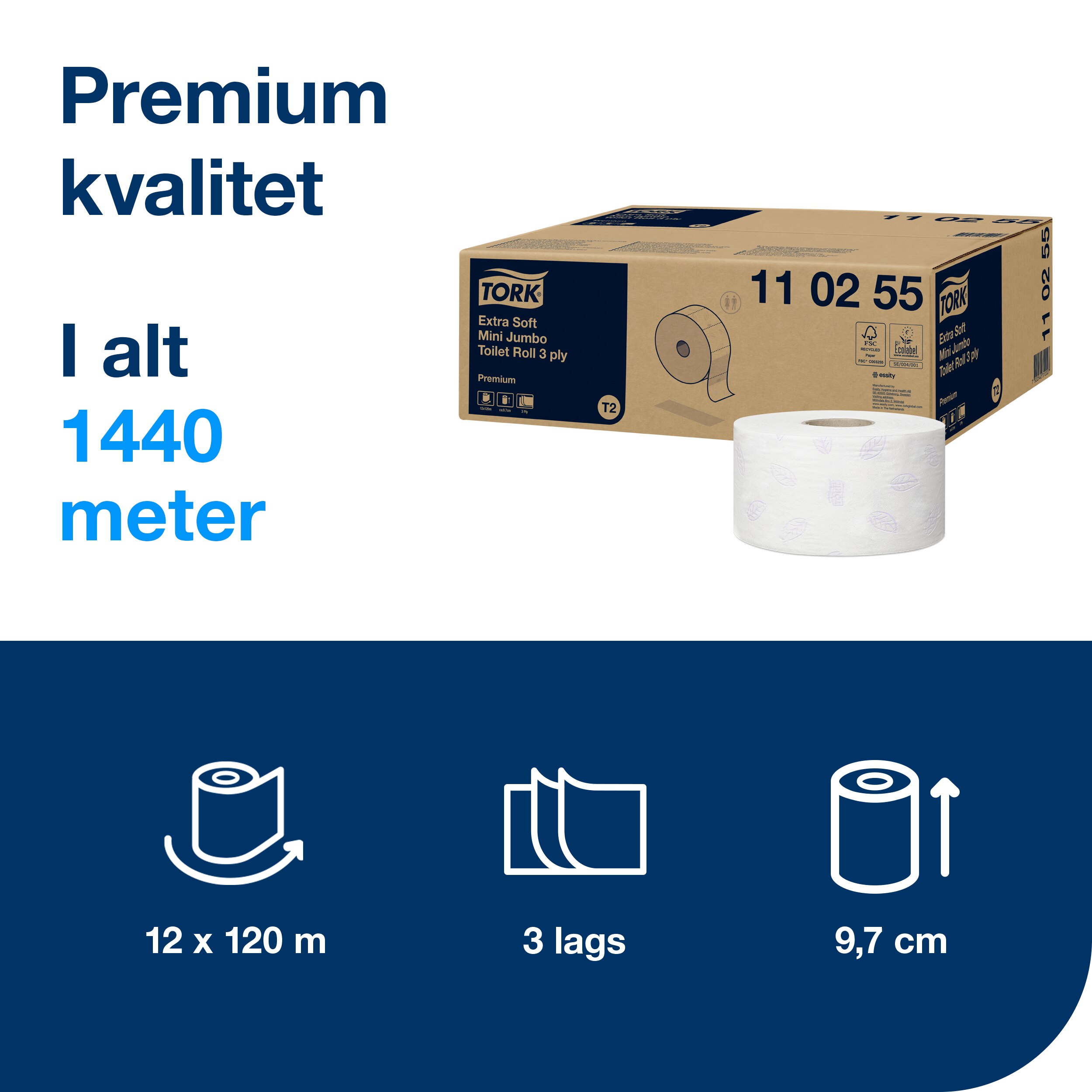 Toiletpapir, Udvendig oprulning, 3 lag, 12 ruller, Tork Premium Extra Soft Jumbo Mini T2