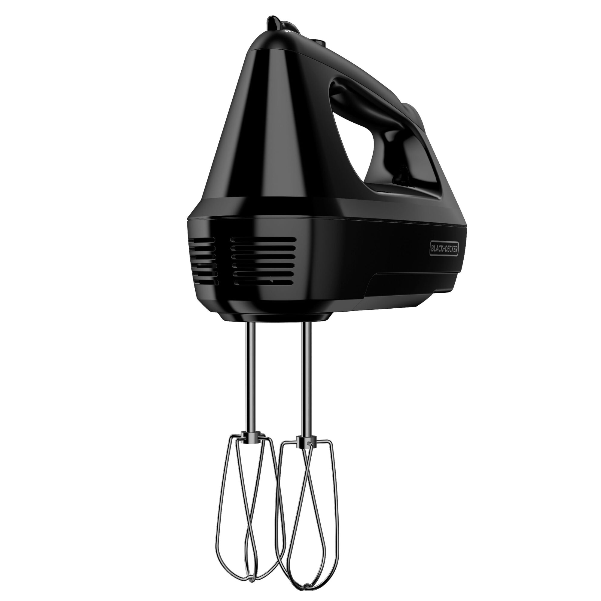 Hand mixer with wire beaters on white background.