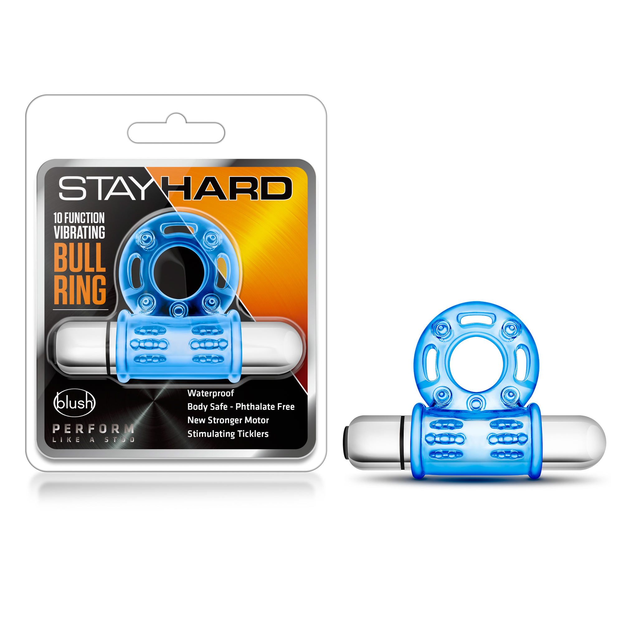 Blush Stay Hard / Bull Ring: 3-In-1 Blue 10-Function Vibrating Penis Ring