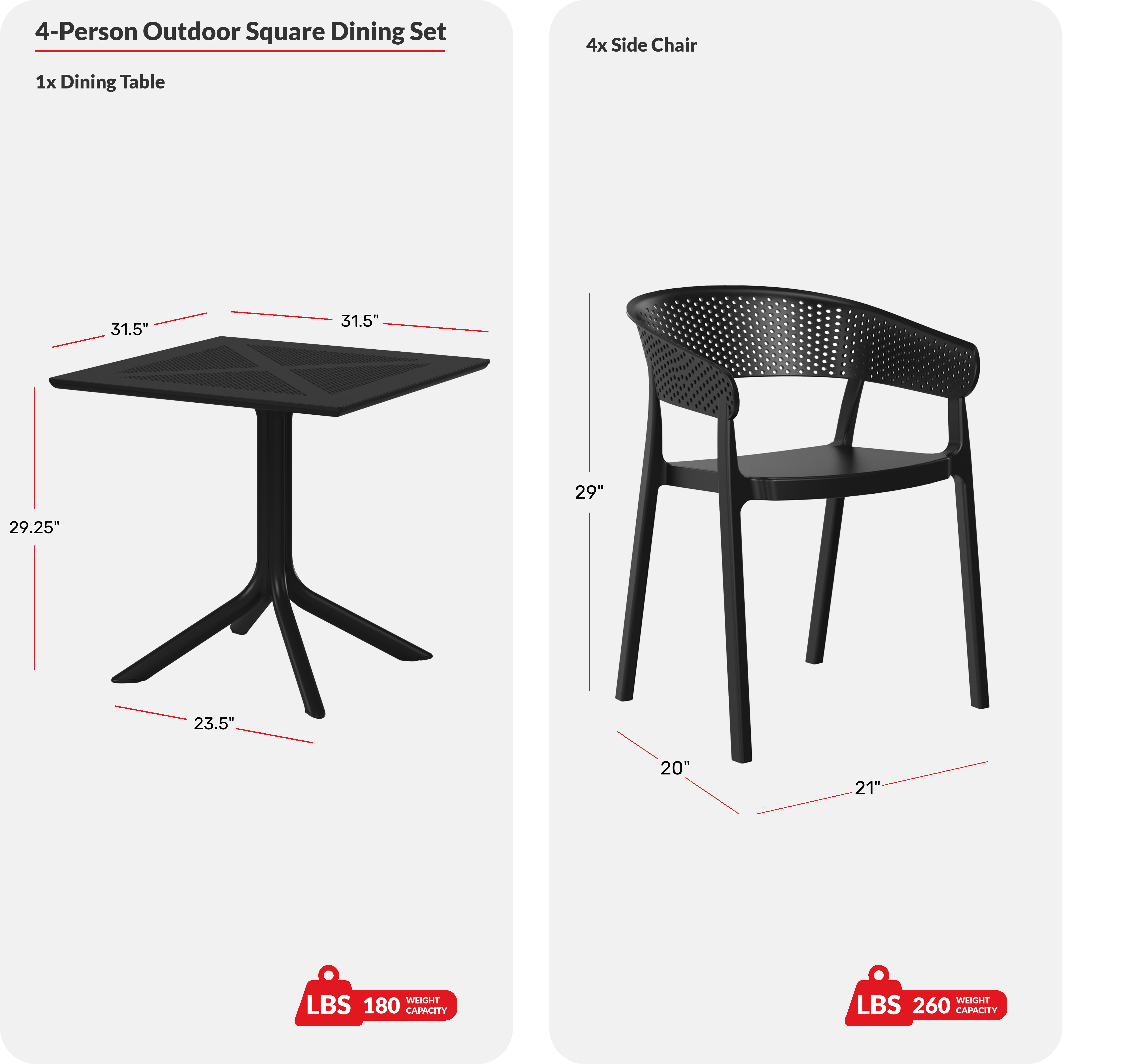 5-Piece Modern Patio Square Dining Table Set with Stackable Patio Dining ChairsCOS Spec Image