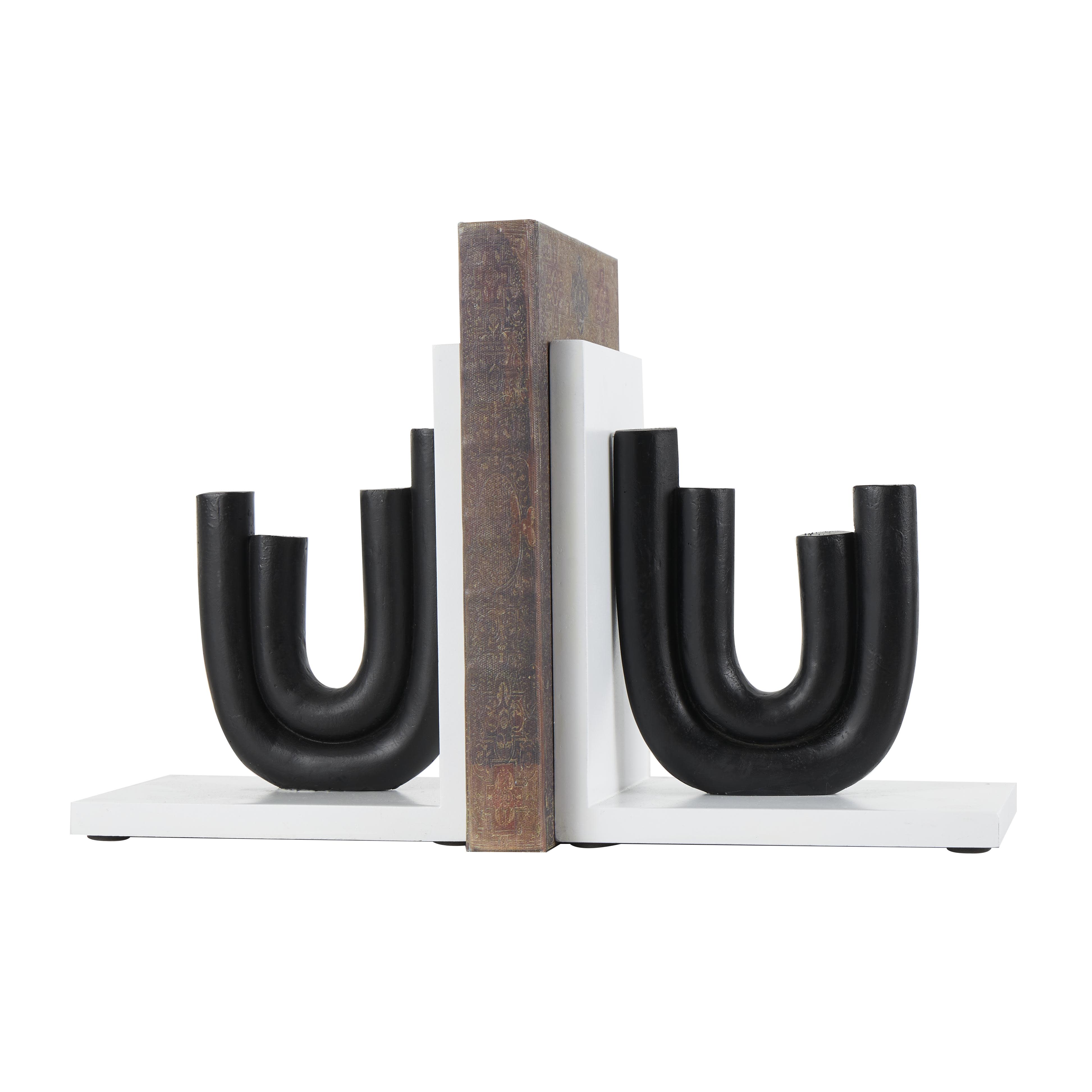 CosmoLiving by Cosmopolitan Black Wooden  Decorative Bookends with White Stands, Set of 2 6"W, 7"H
