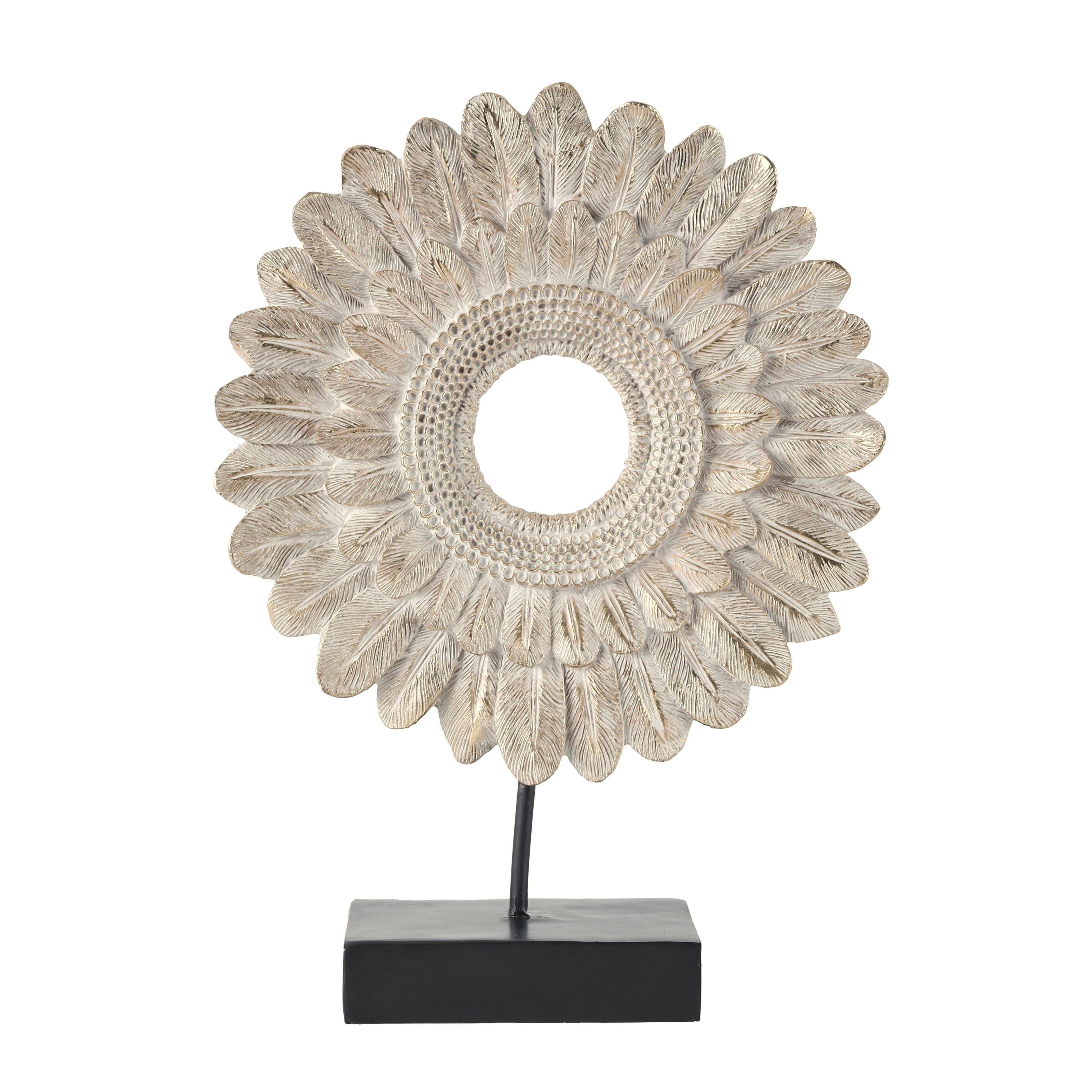 Cream Resin Bird Feather Ring Decorative Sculpture with Black Stand, 12" x 4" x 17"