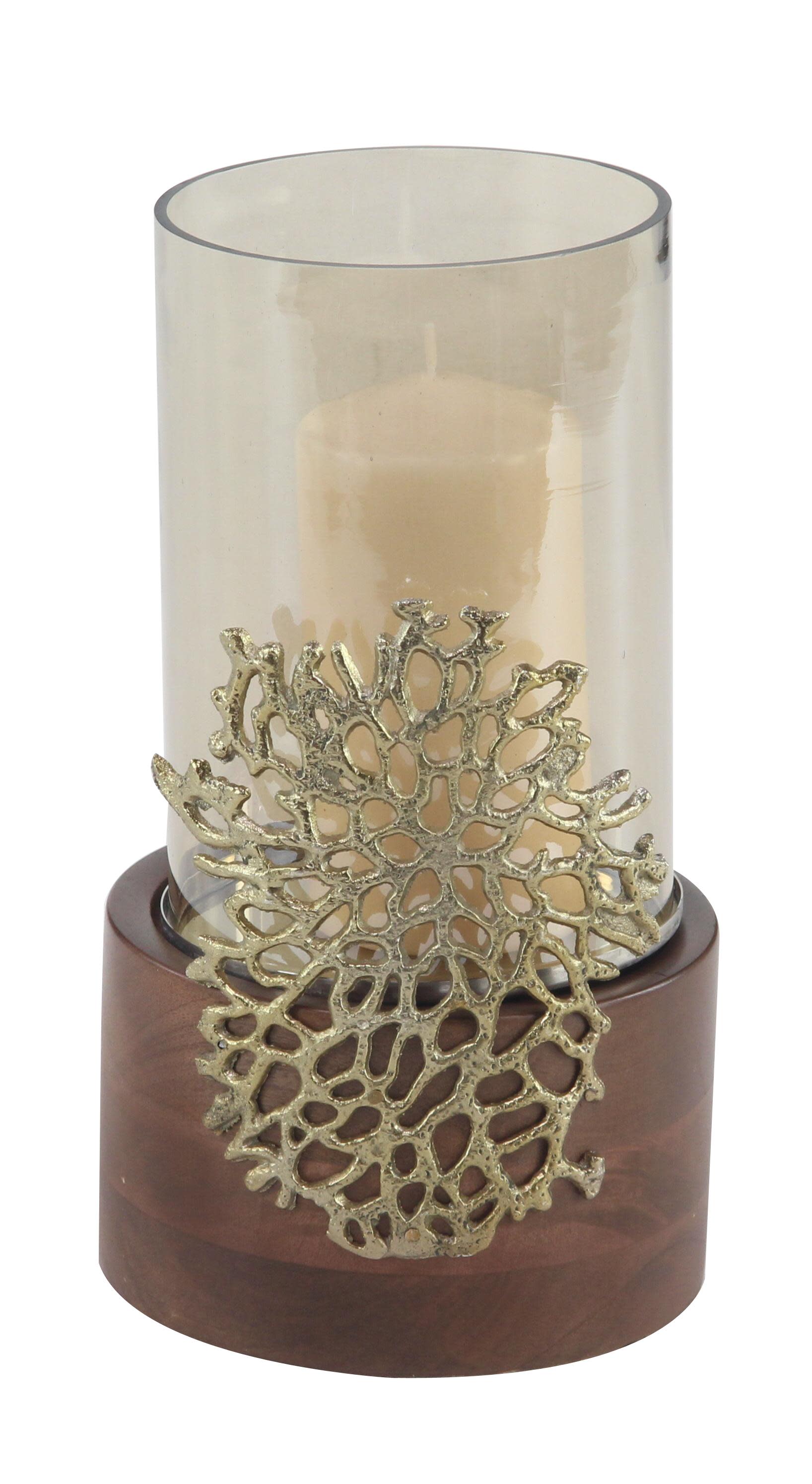 Gold Mango Wood  Hurricane Lamp, 6" x 6" x 12"