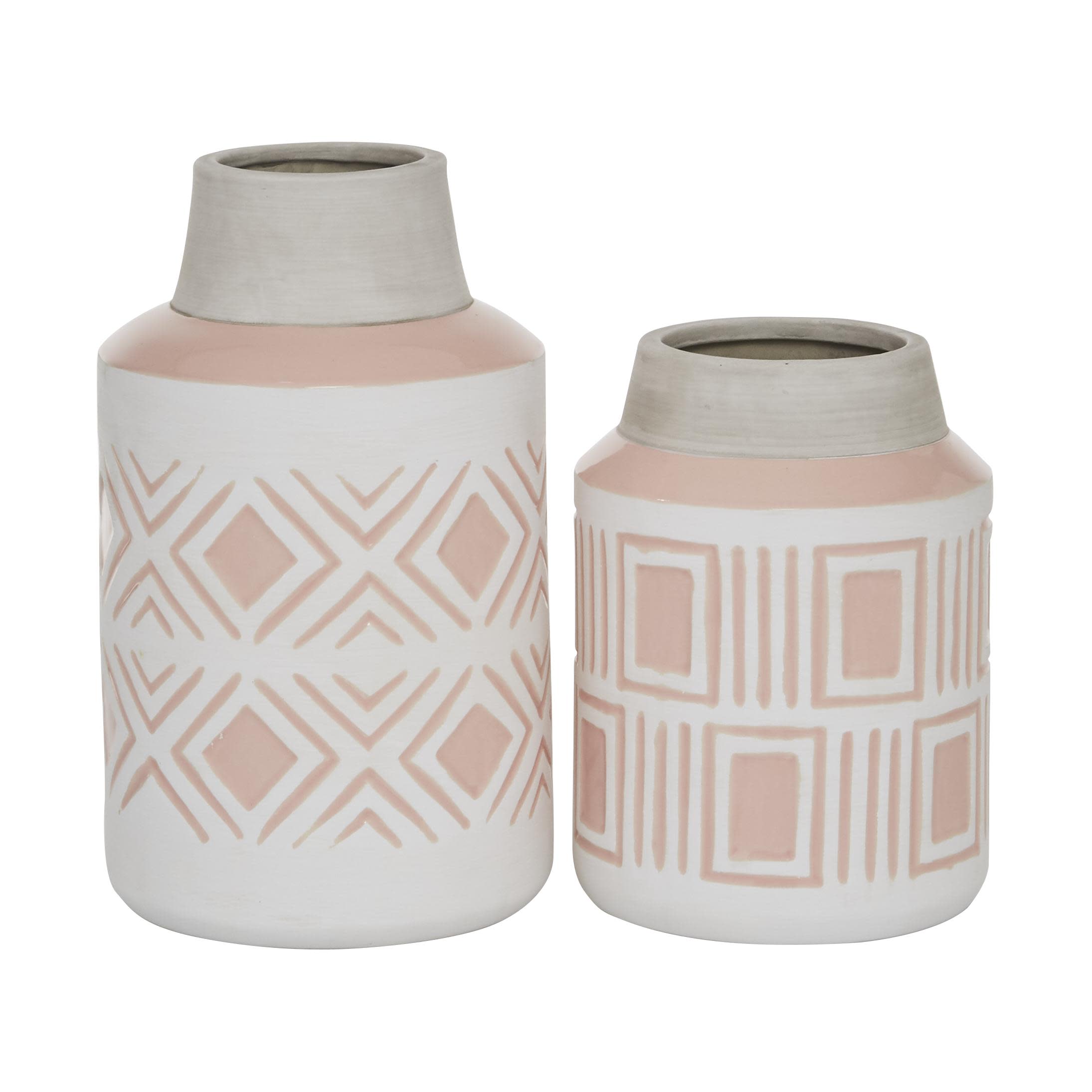 White Ceramic  Decorative Vase with Diamond Patterns, Set of 2 10", 7"H