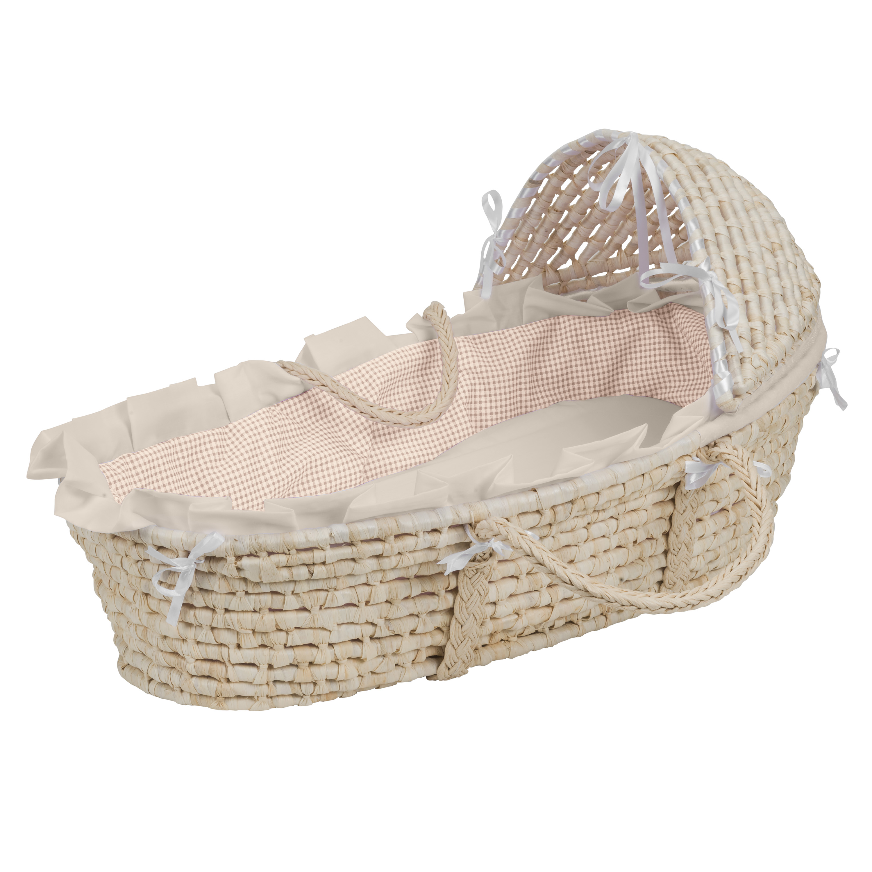 Natural Hooded Moses Basket - Beige Gingham Bedding