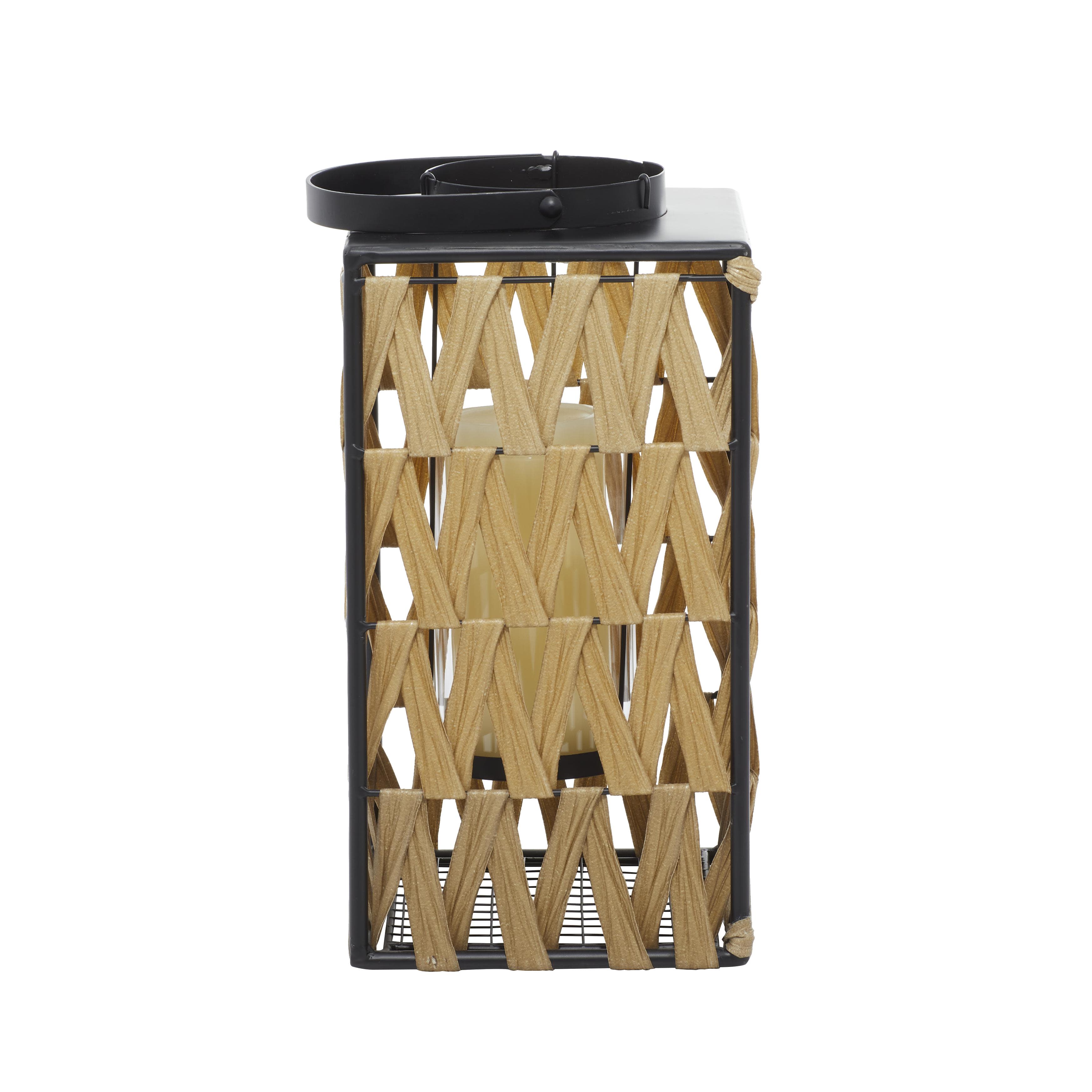 Light Brown Plastic Rattan  Candle Lantern, 8" x 8" x 17"