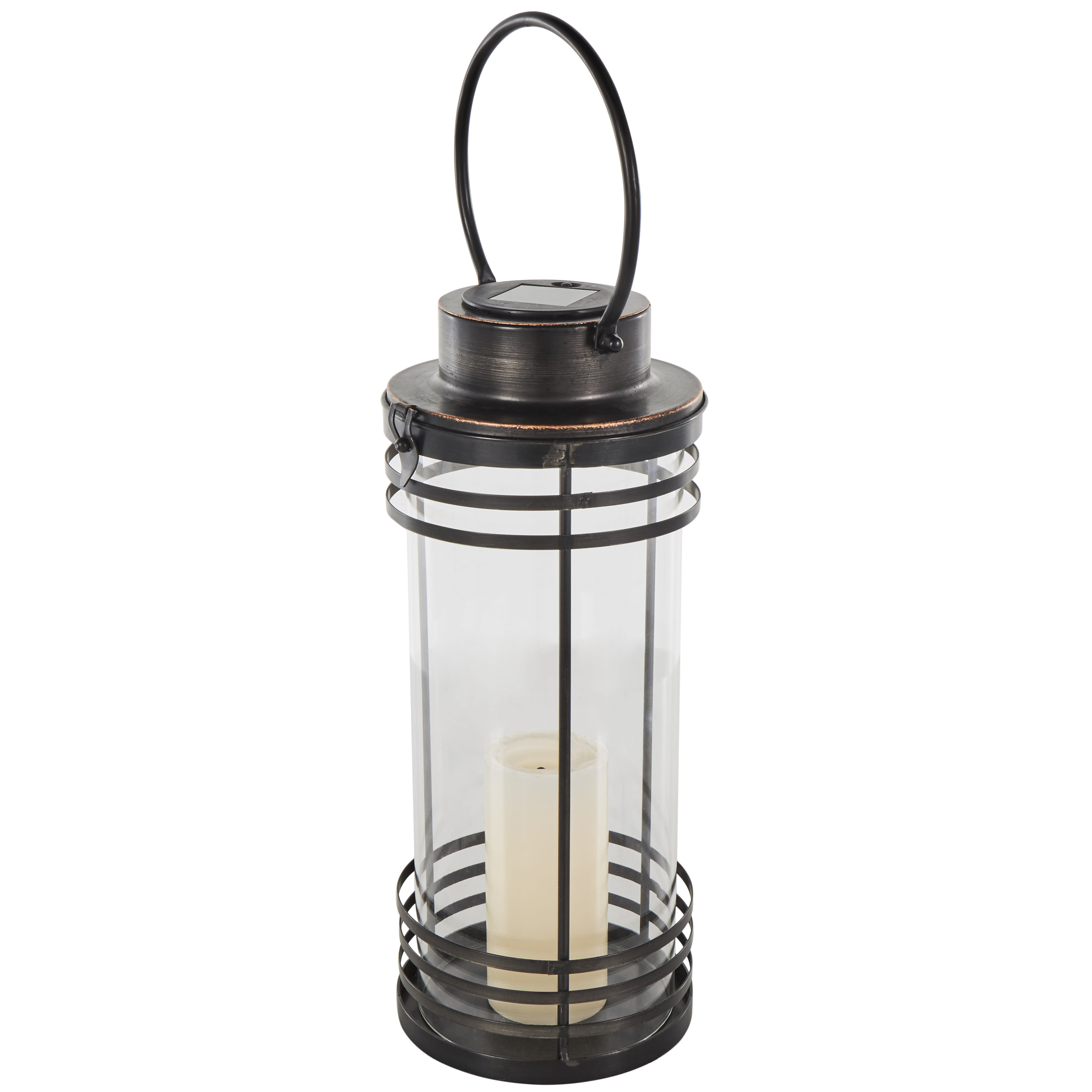 Black Metal  Indoor Outdoor Candle Lantern with Round Circle Lines, 7" x 7" x 17"