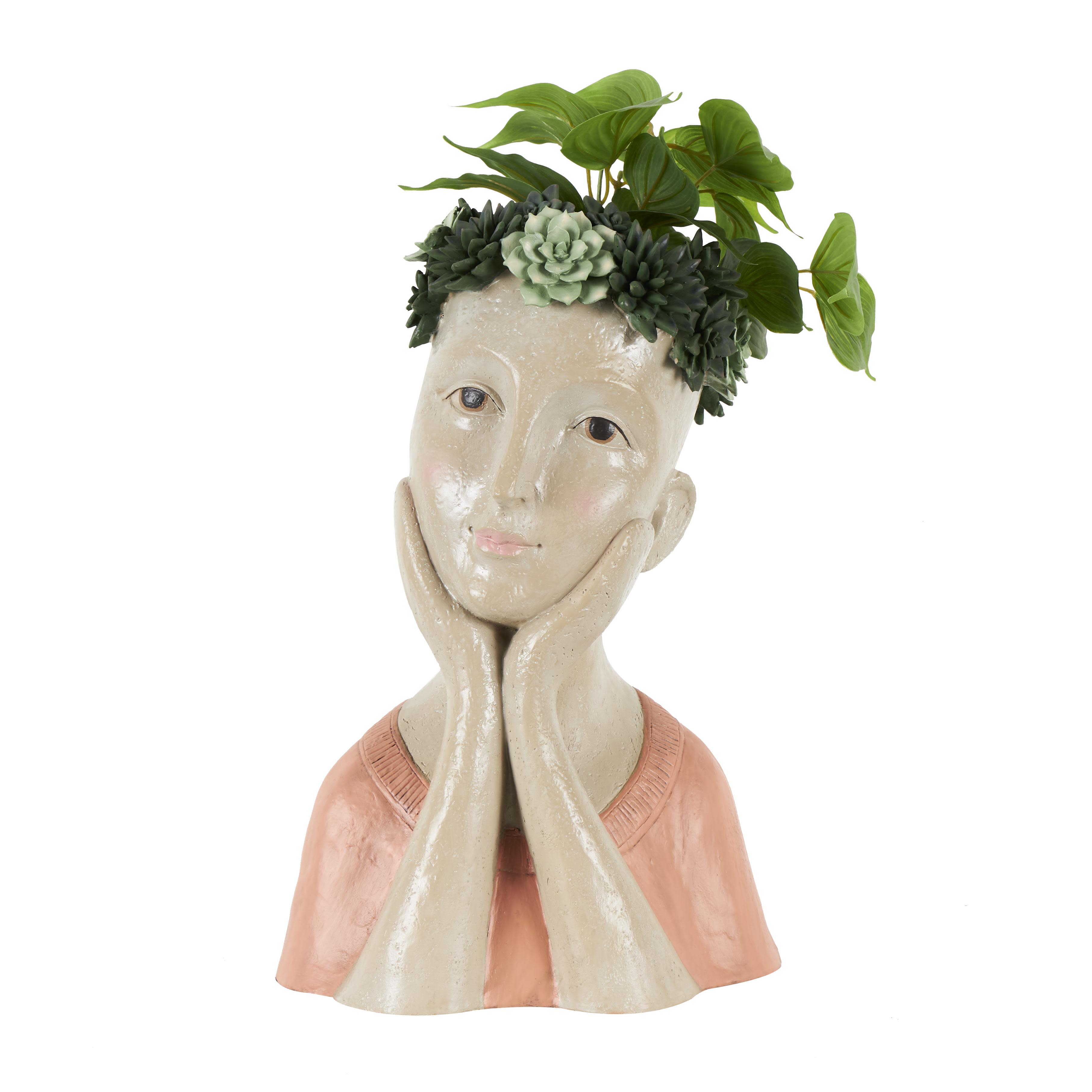 Beige Resin Woman Bust Indoor Outdoor Planter with Succulent Crown and Orange Top, 10" x 8" x 17"