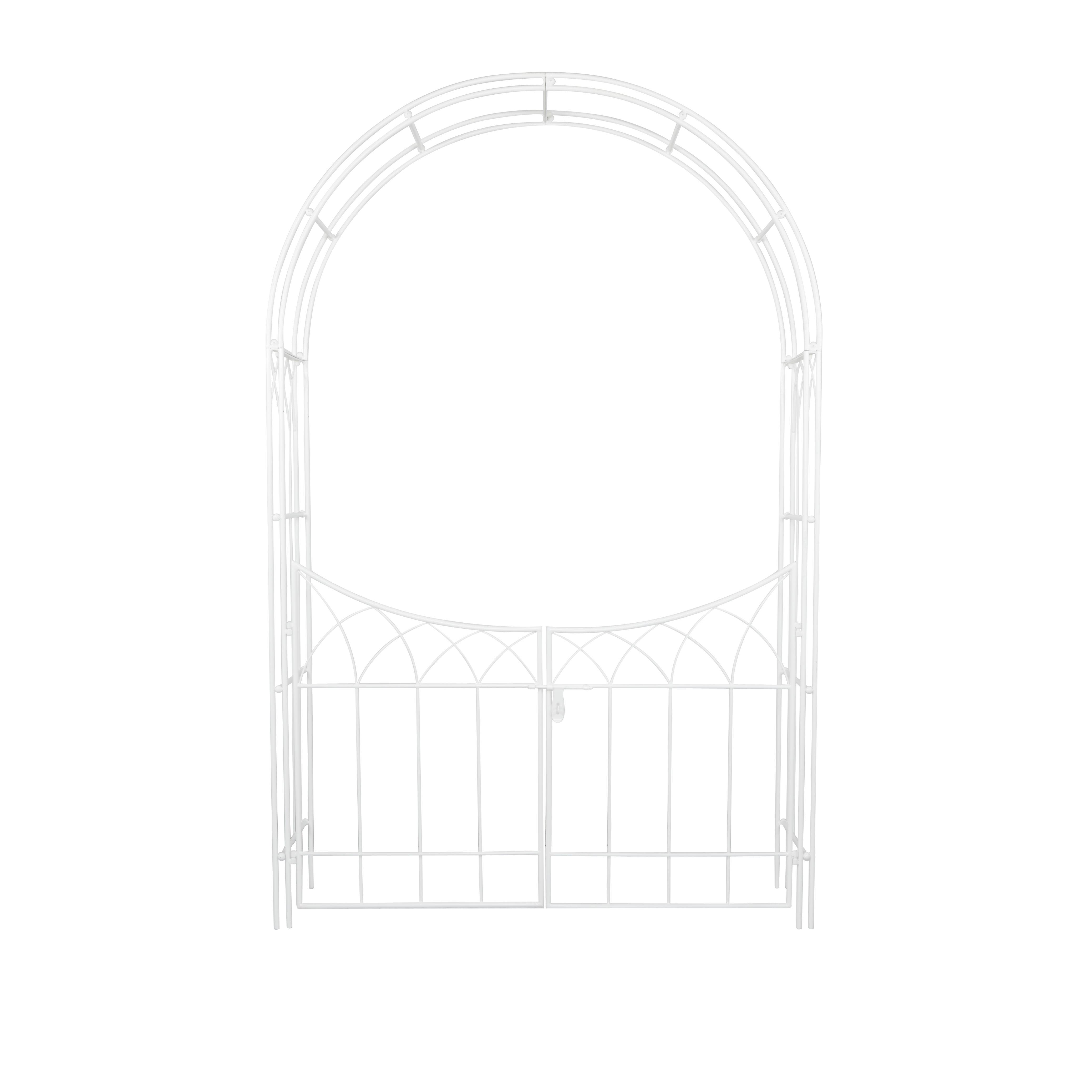 (Incomplete, Missing screws, nuts and washers) White Metal  Indoor Outdoor Arched Gate Garden Arbor with Lattice Work Sides, 55" x 14" x 86"