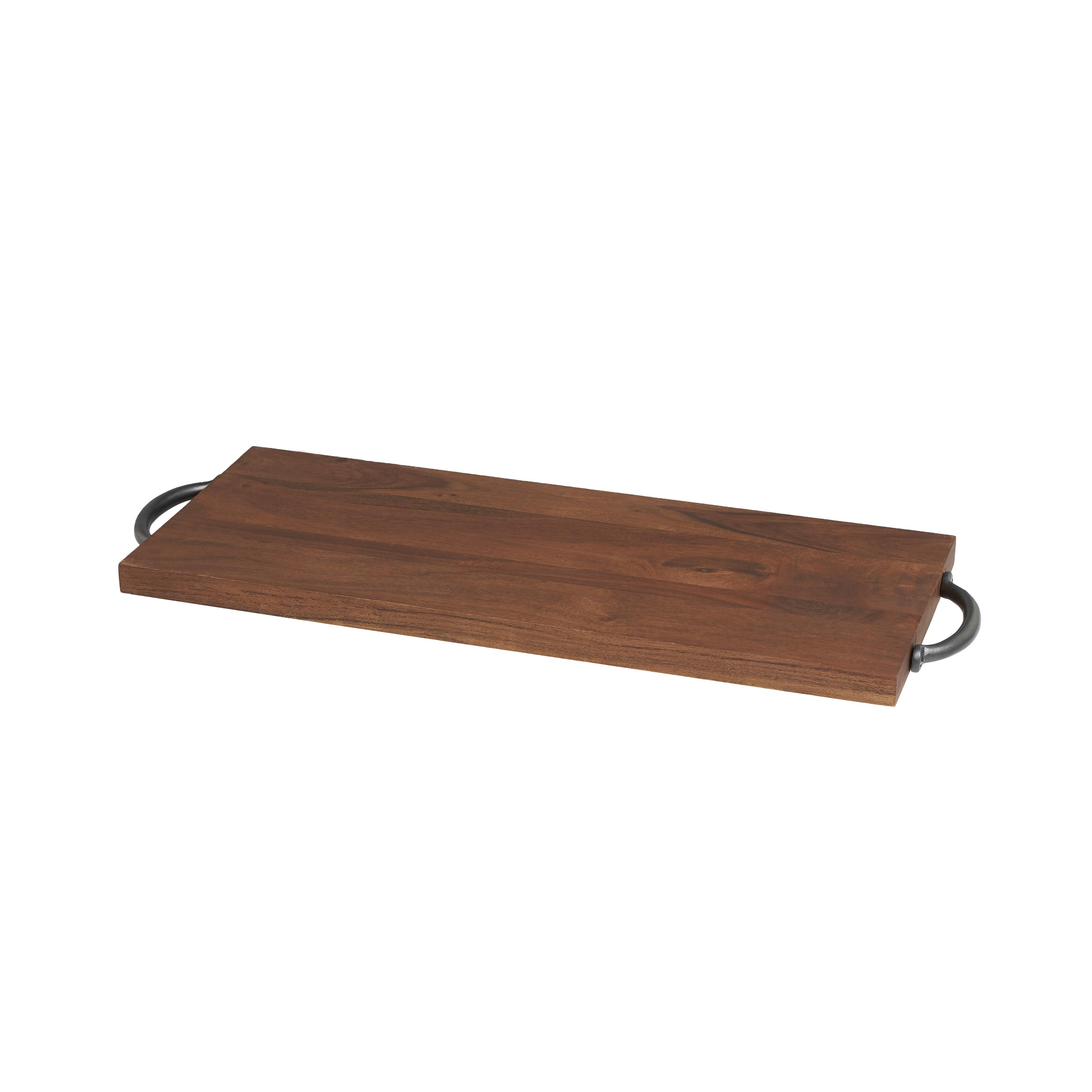 Brown Wood  Living Room Decor Tray with Black Metal Handles, 28" x 10" x 2"
