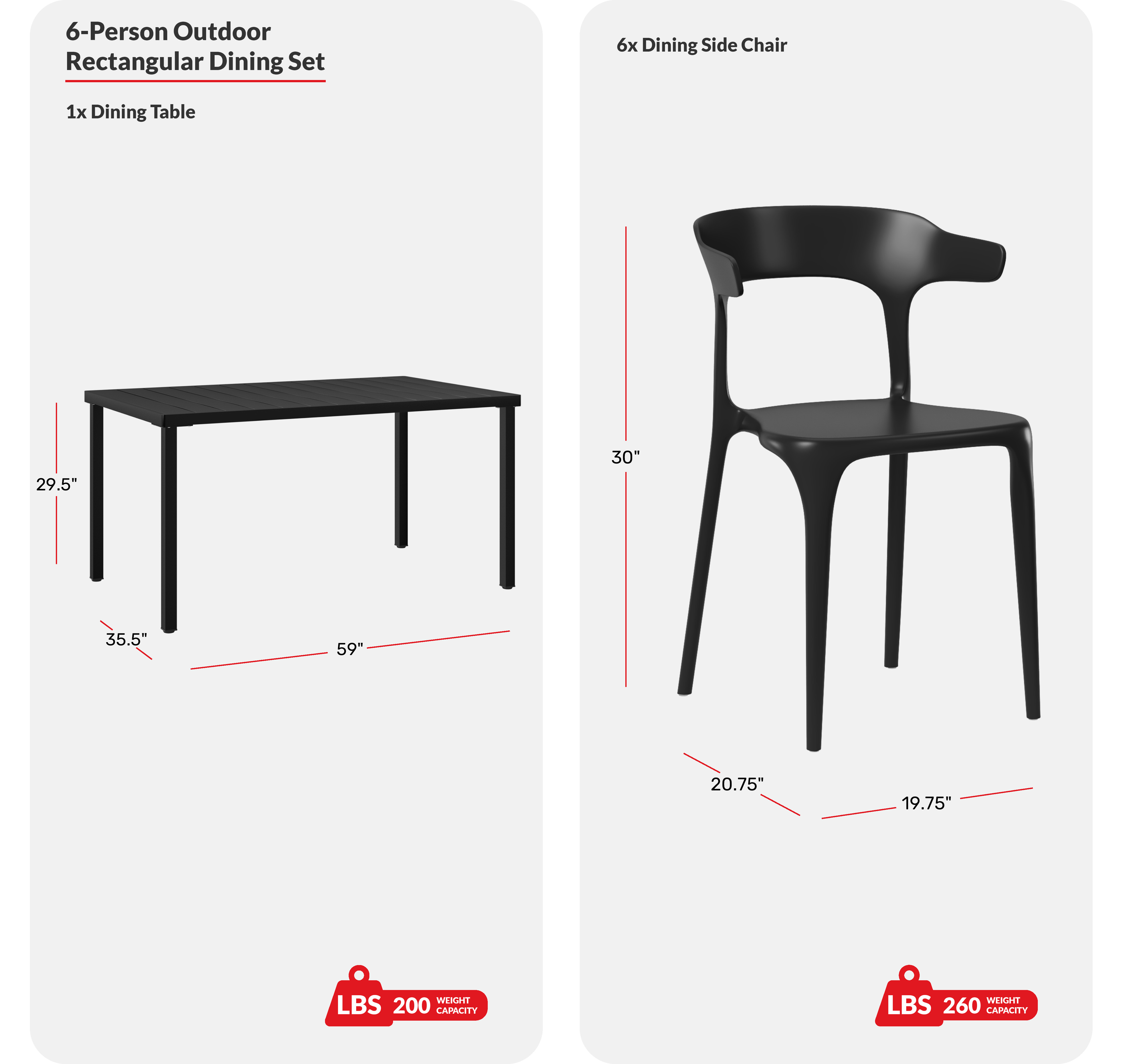 7-Piece Outdoor Metal Rectangle Patio Dining Table Set With Stackable Plastic Dining Chairs For 6COS Spec Image