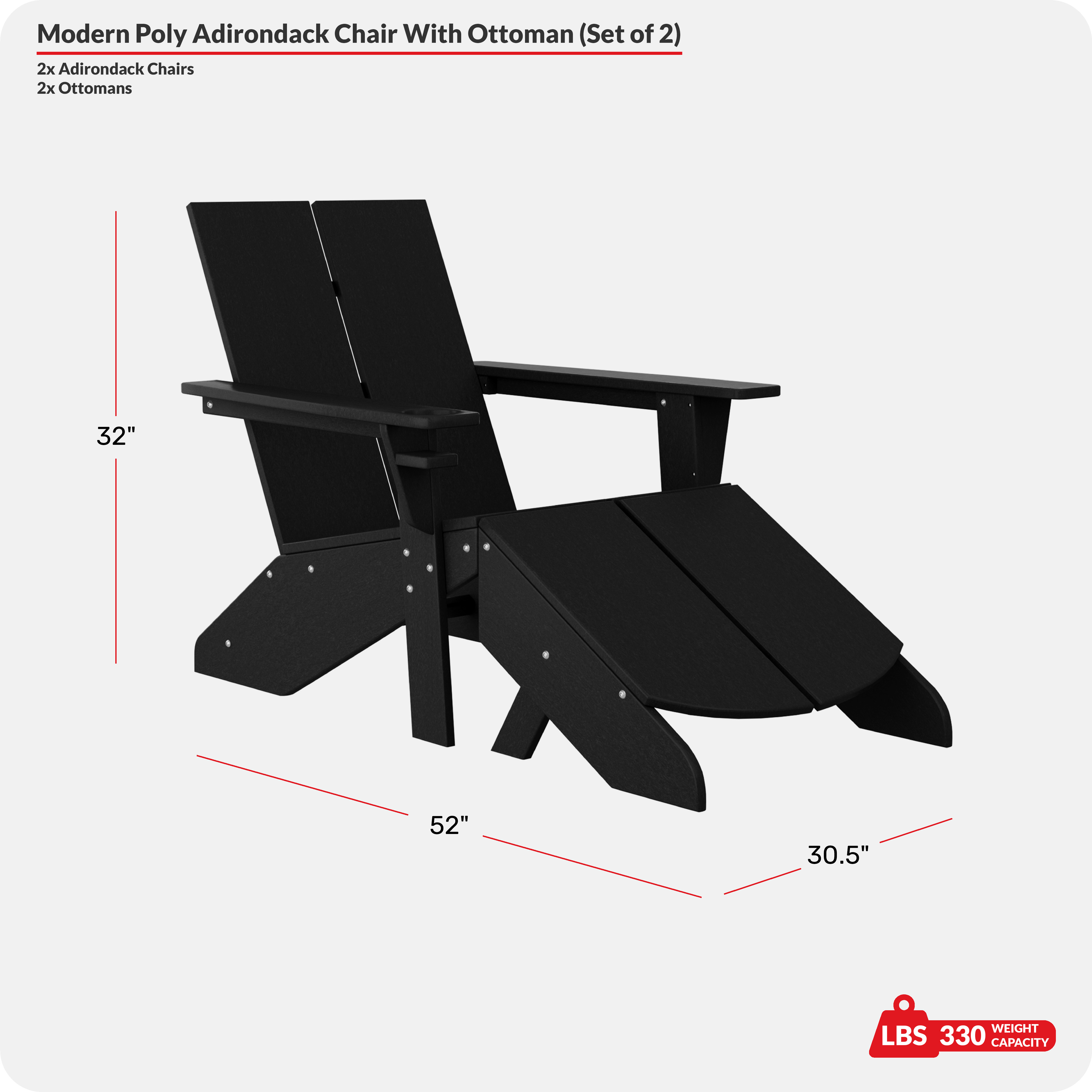 Outdoor 4-Piece HDPE Modern Adirondack Chairs Set with Folding Patio Ottomans and Cup HolderCOS Spec Image