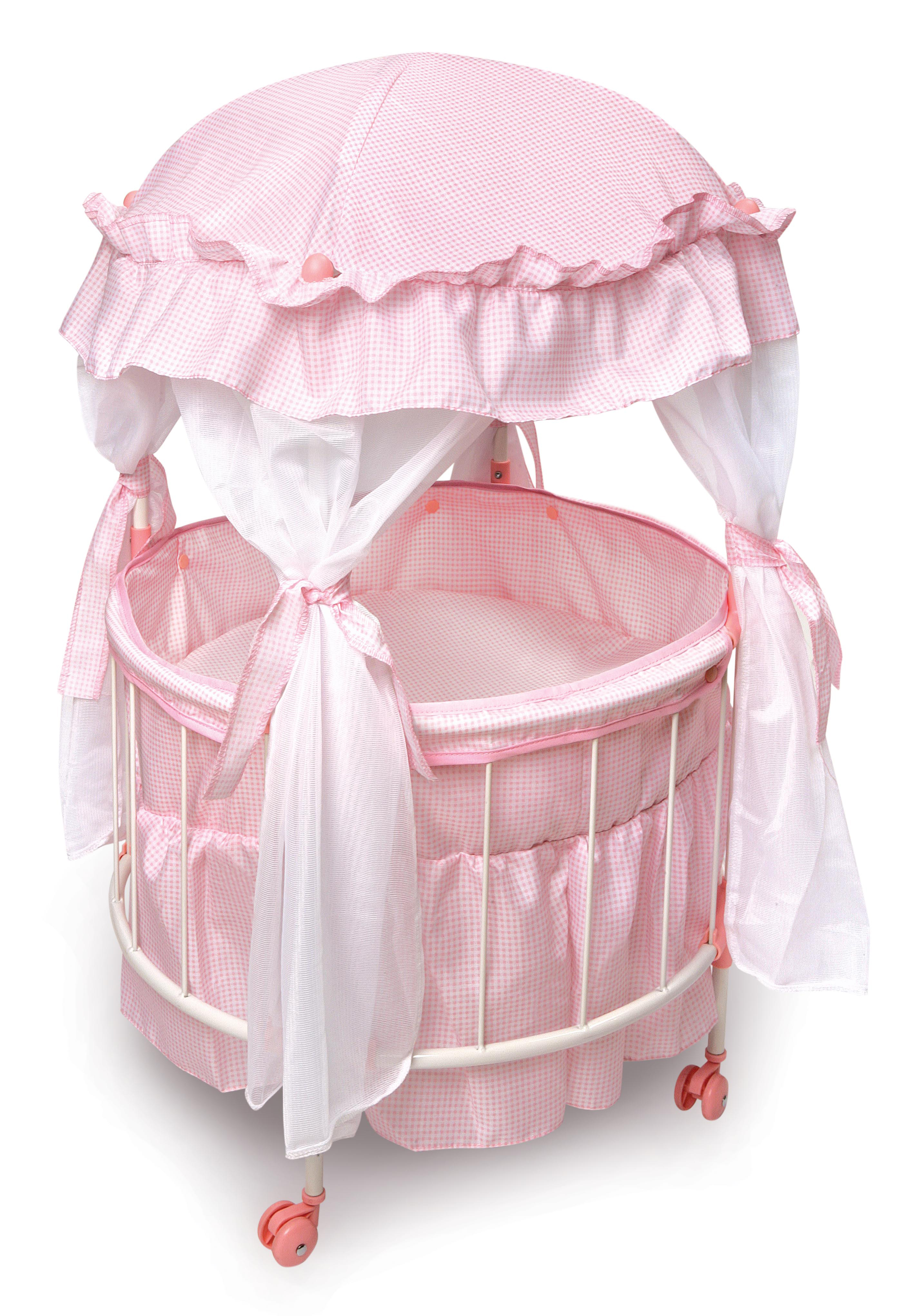 Royal Pavilion Round Doll Crib with Canopy and Bedding - Pink/White