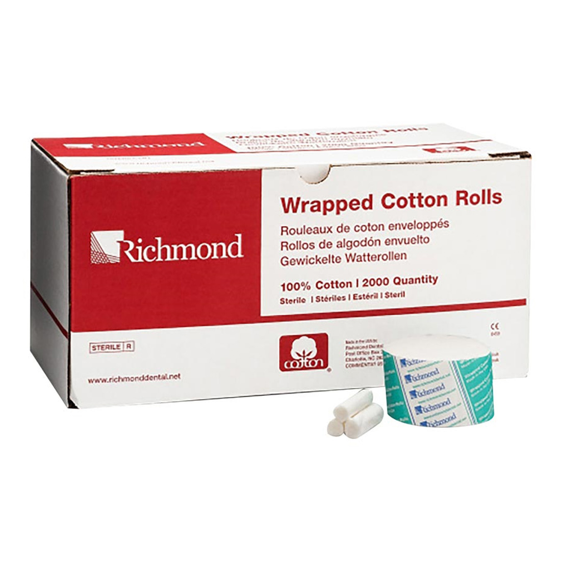 Wrapped Cotton Rolls, 1 1/2" with 3/8" Diameter, Sterile, - 12/Box