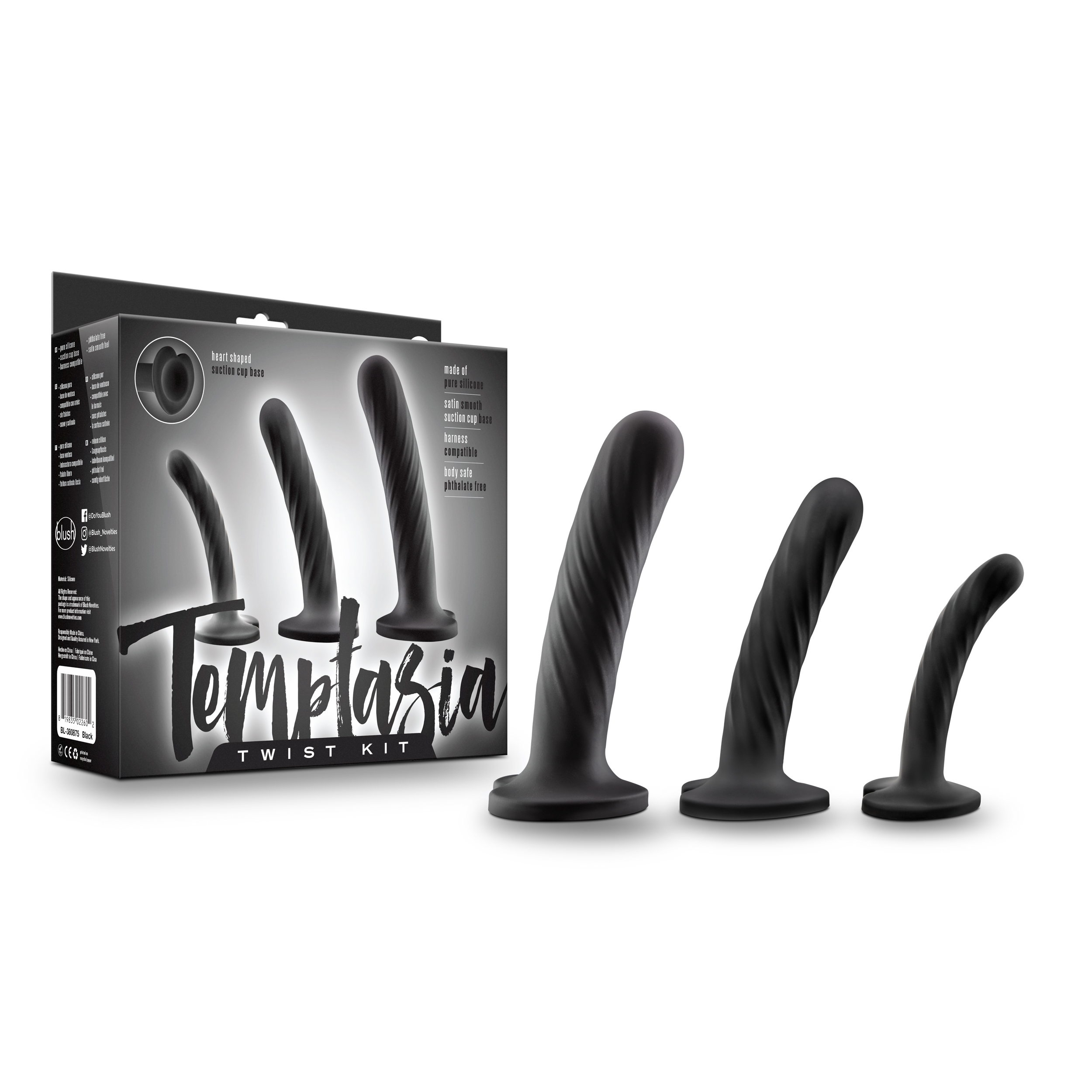 Blush Temptasia Twist Kit Black 4.5, 5.5, 7-Inch Long Dildo With Suction Cup Base