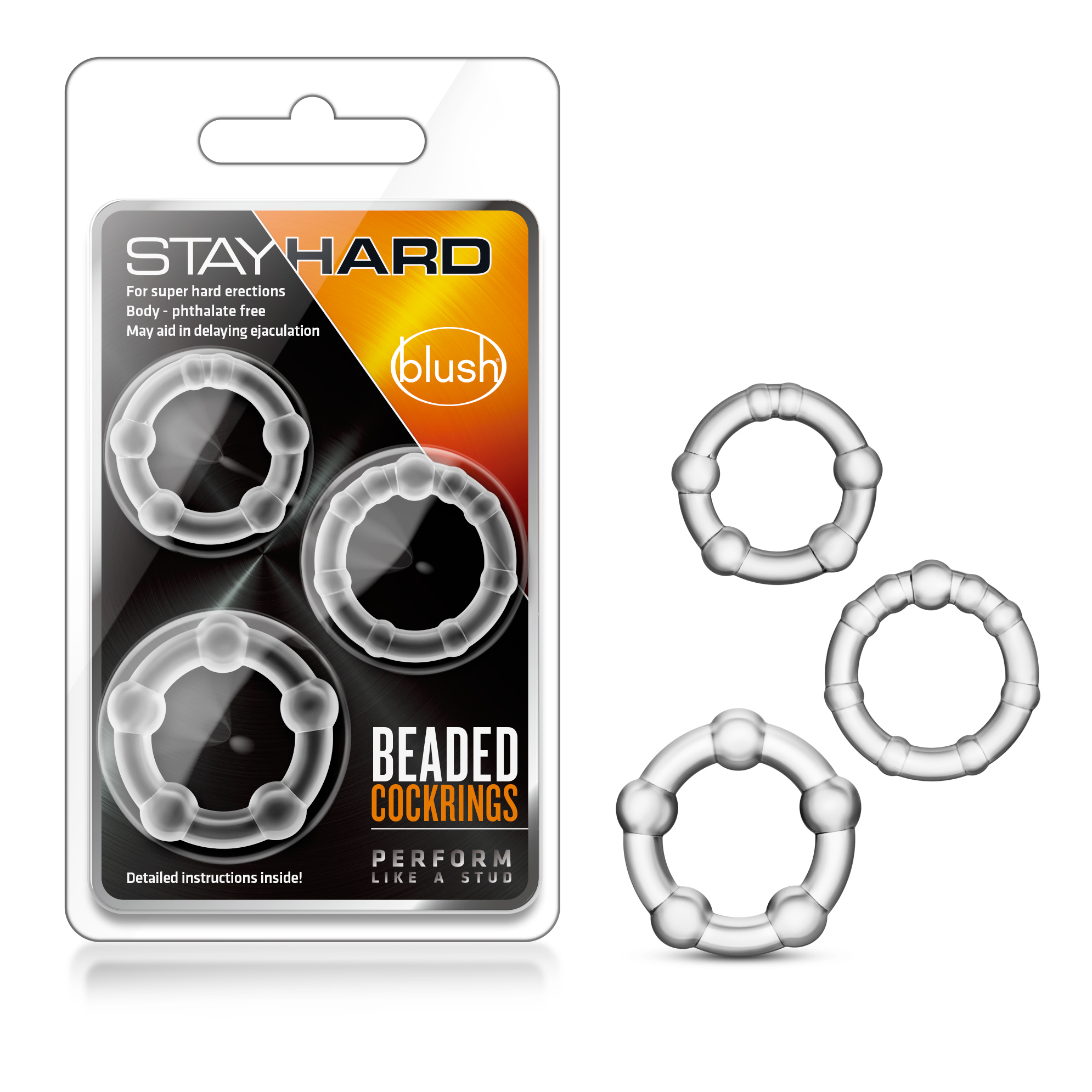 Blush Stay Hard / Clear Beaded Penis Rings (3-Sizes)