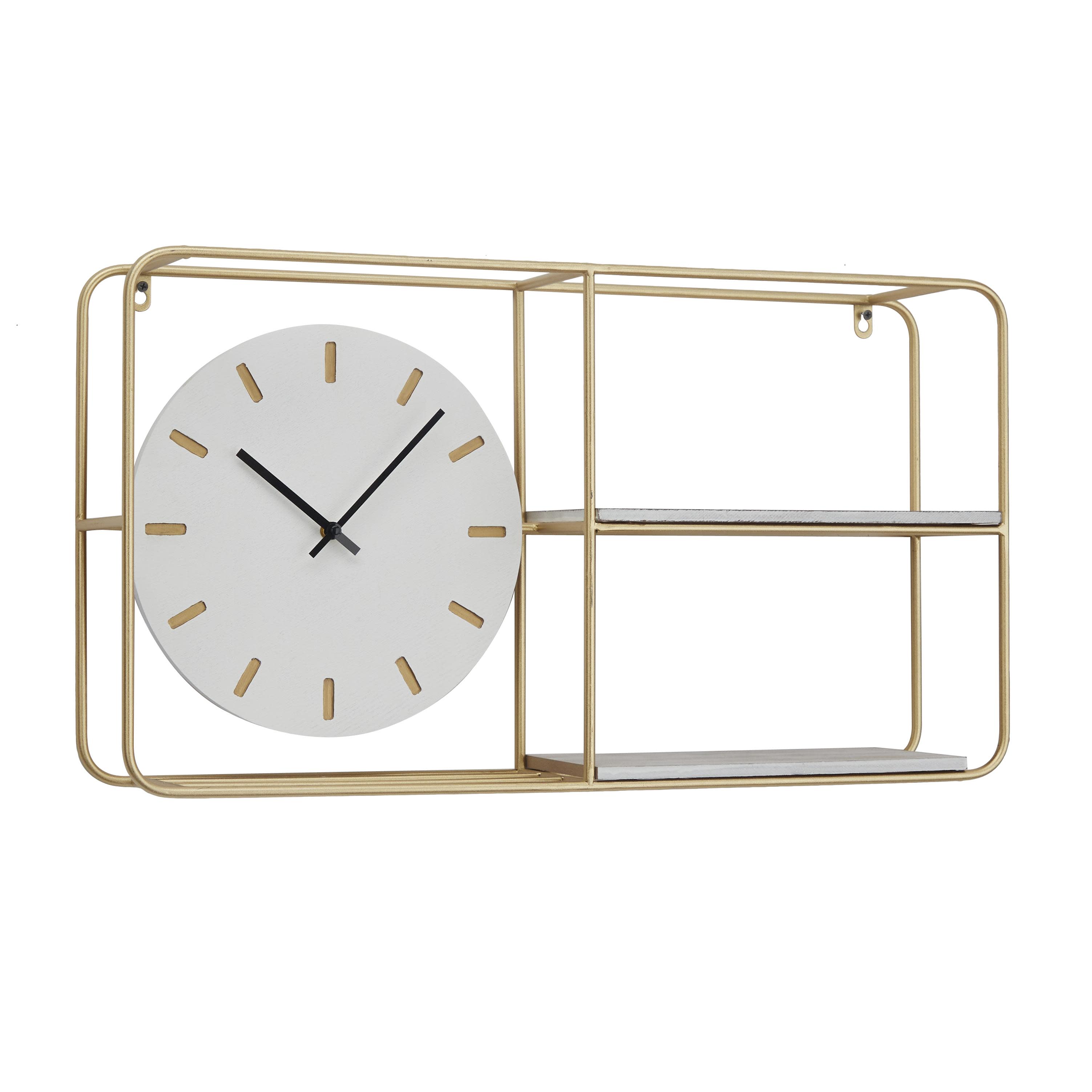 gold metal  2 shelf wall clock, 27" x 7" x 15"