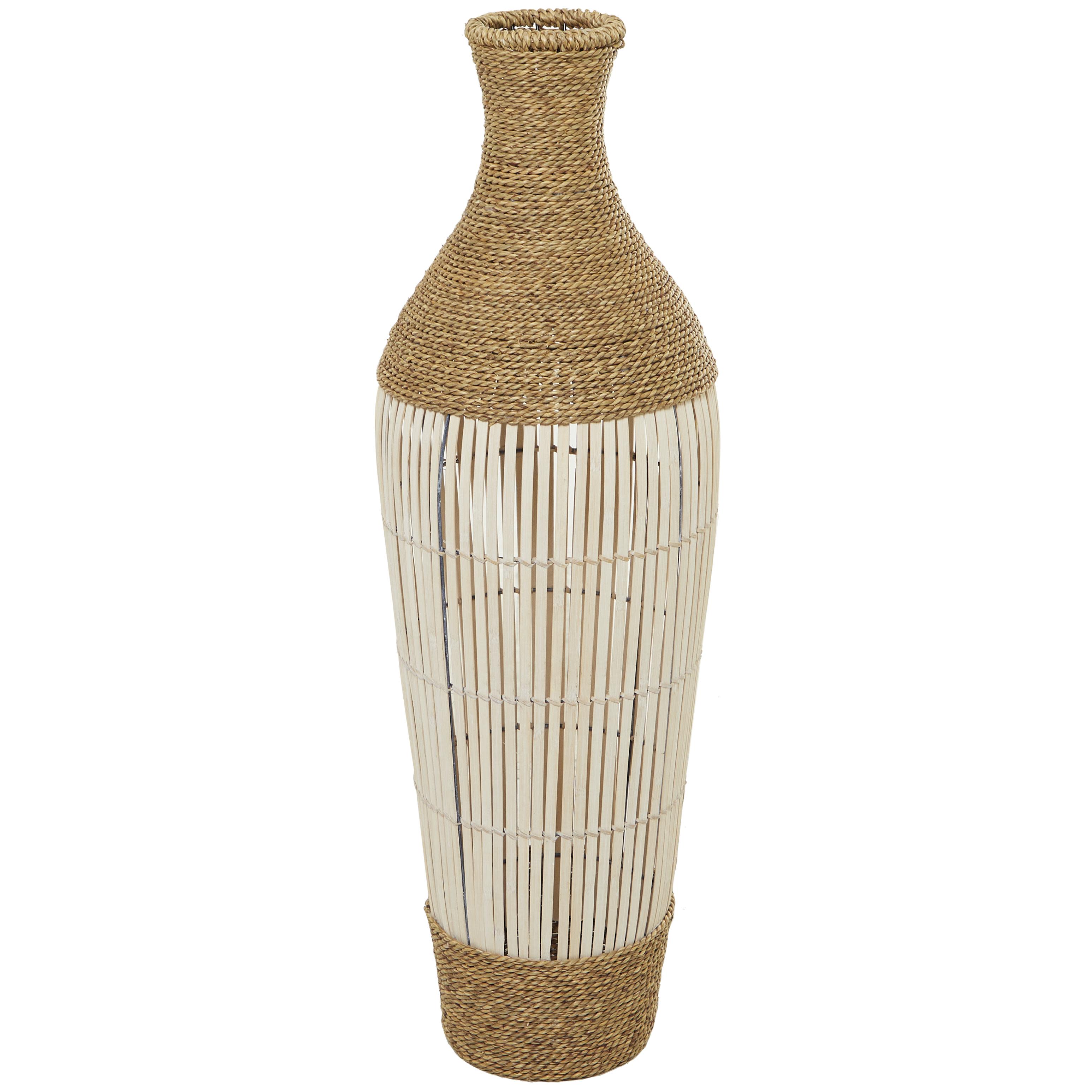 Brown Seagrass  Handmade Wrapped Tall Floor Decorative Vase with Cream Slatted Bamboo Center, 13" x 13" x 40"