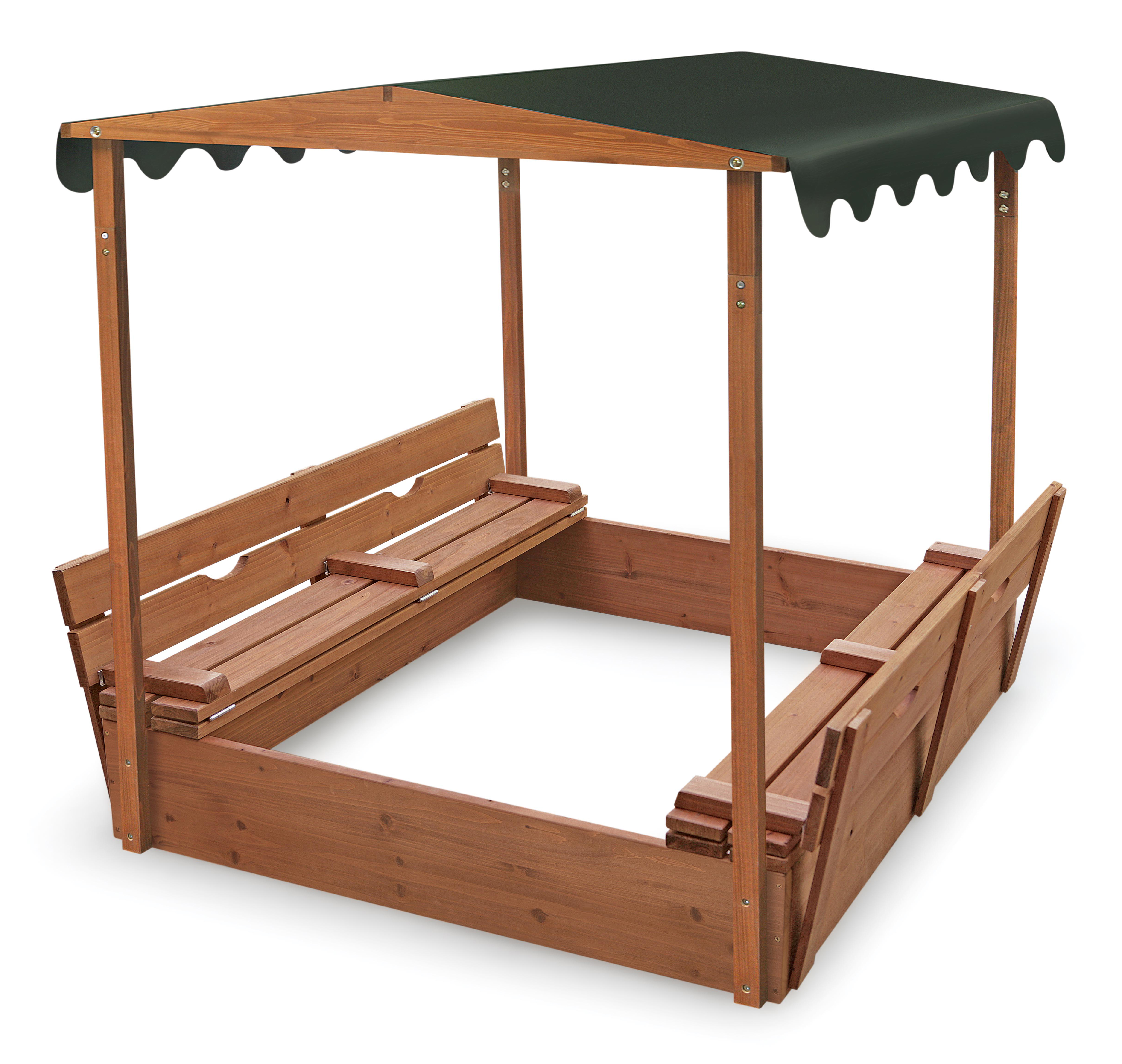 Covered Convertible Cedar Sandbox with Canopy and Two Bench Seats
