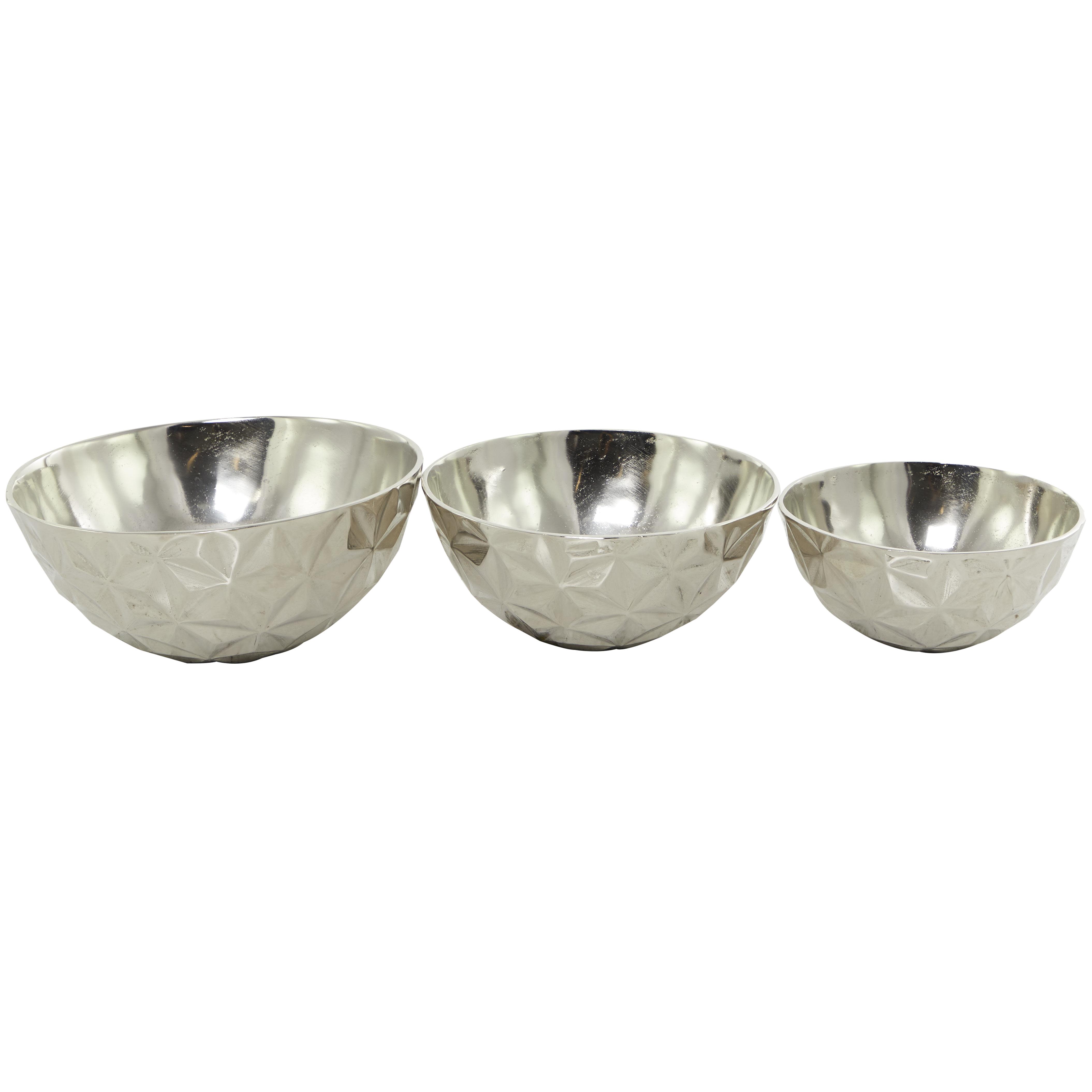 The Novogratz Silver Aluminum Metal  Faceted Decorative Bowl, Set of 3 14", 12", 10"W