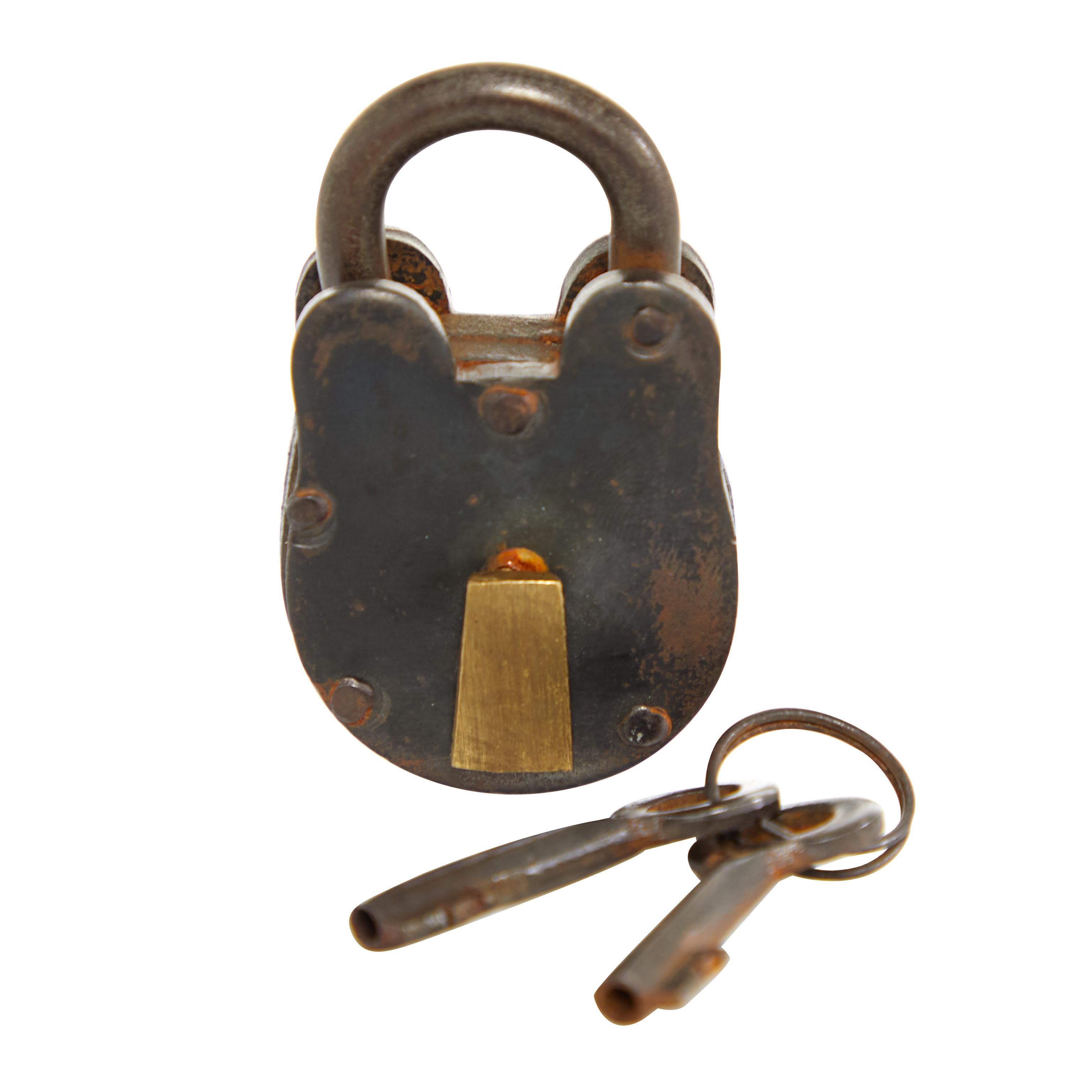 Gray Brass Metal  Lock And Key with Distressed Details, 2" x 3" x 2"