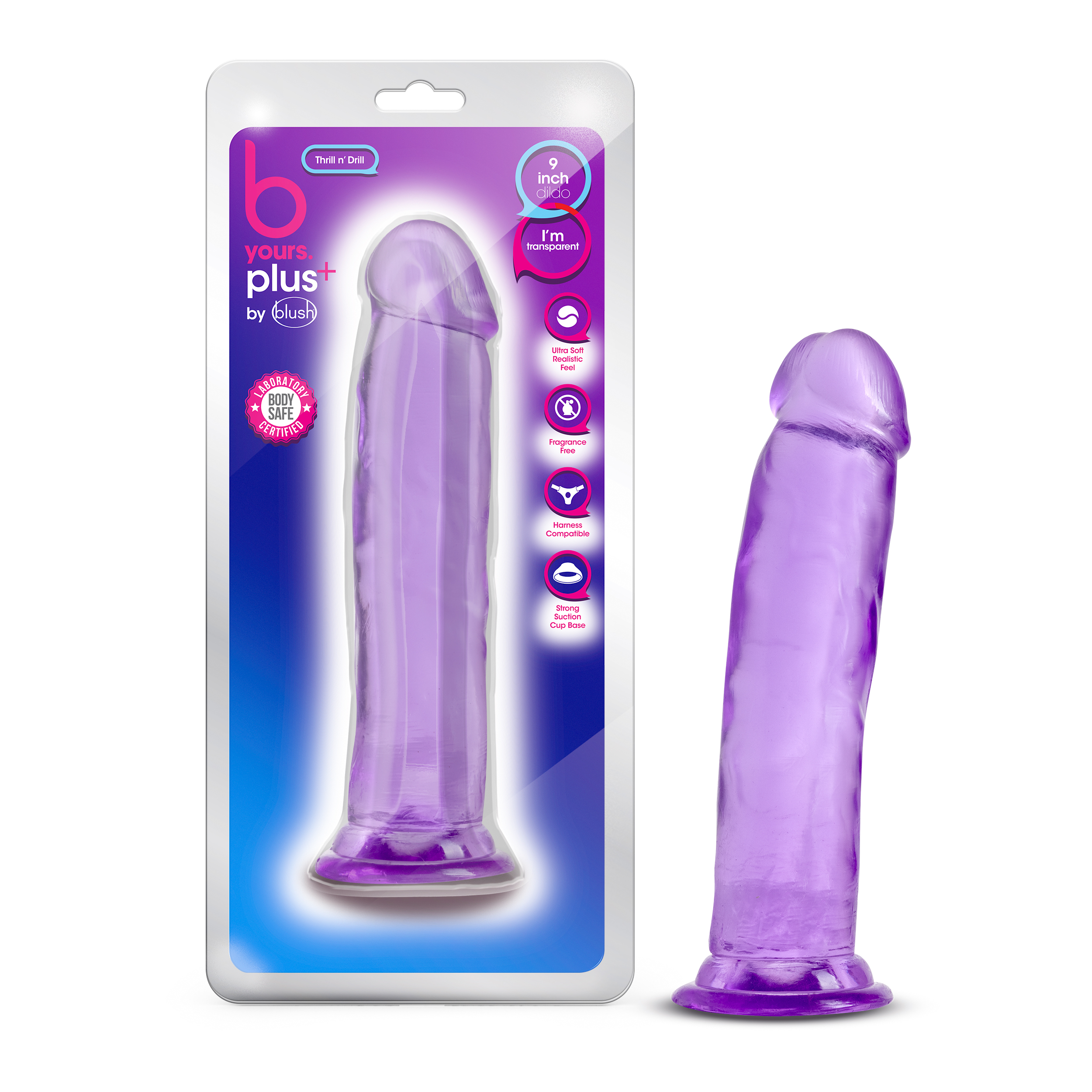 Blush B Yours Plus Thrill N? Drill Realistic Purple 9.5-Inch Long Dildo With Suction Cup Base