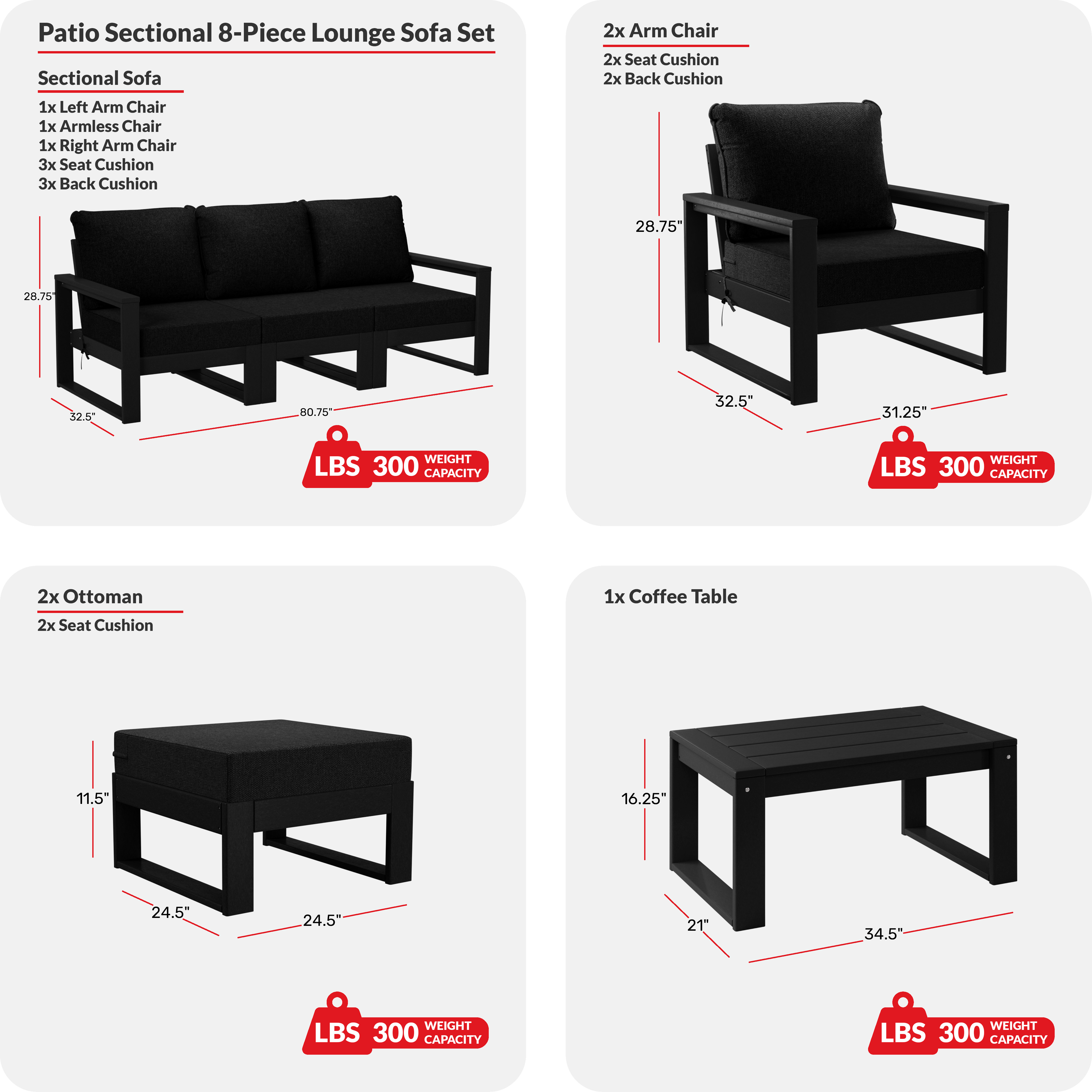 8-Piece Modern HDPE Outdoor Patio Furniture Conversation Set with Coffee Table and OttomansCOS Spec Image