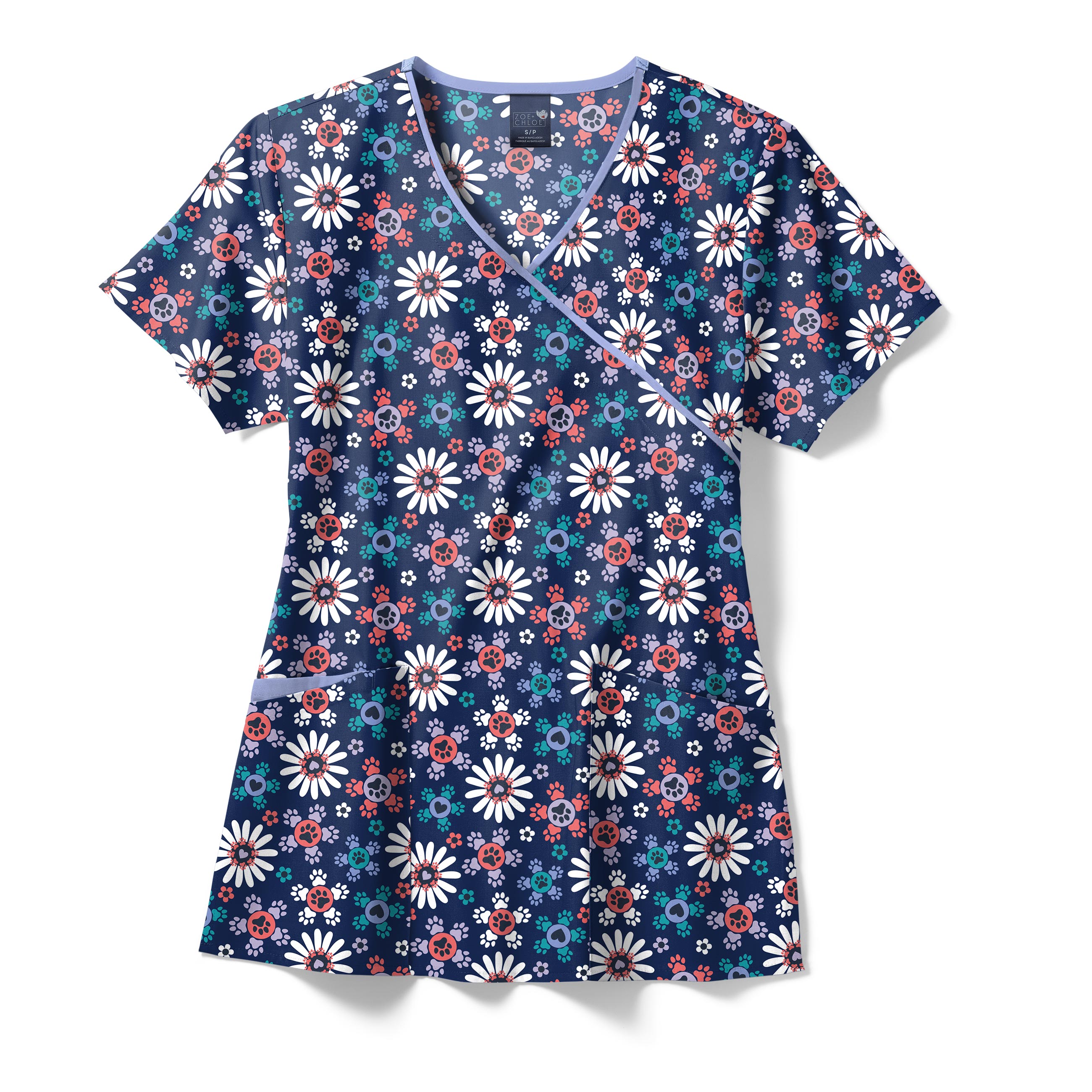 Zoe+Chloe Contrast Mock Wrap Print Scrub Top-Zoe&#43;Chloe