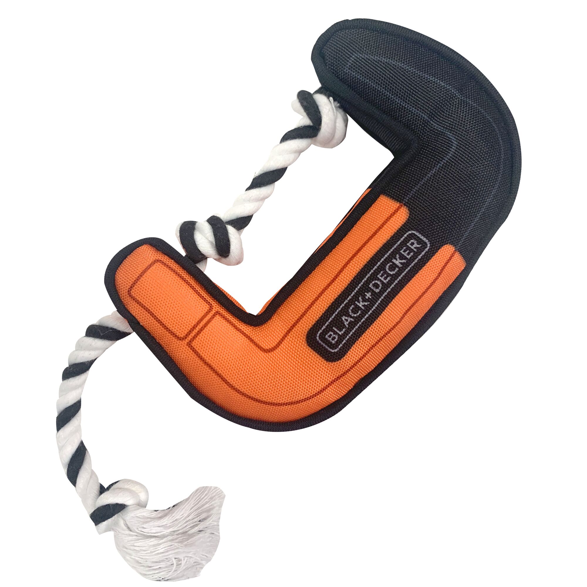 BLACK+DECKER orange and black colored dog toy in shape of a hand clamp