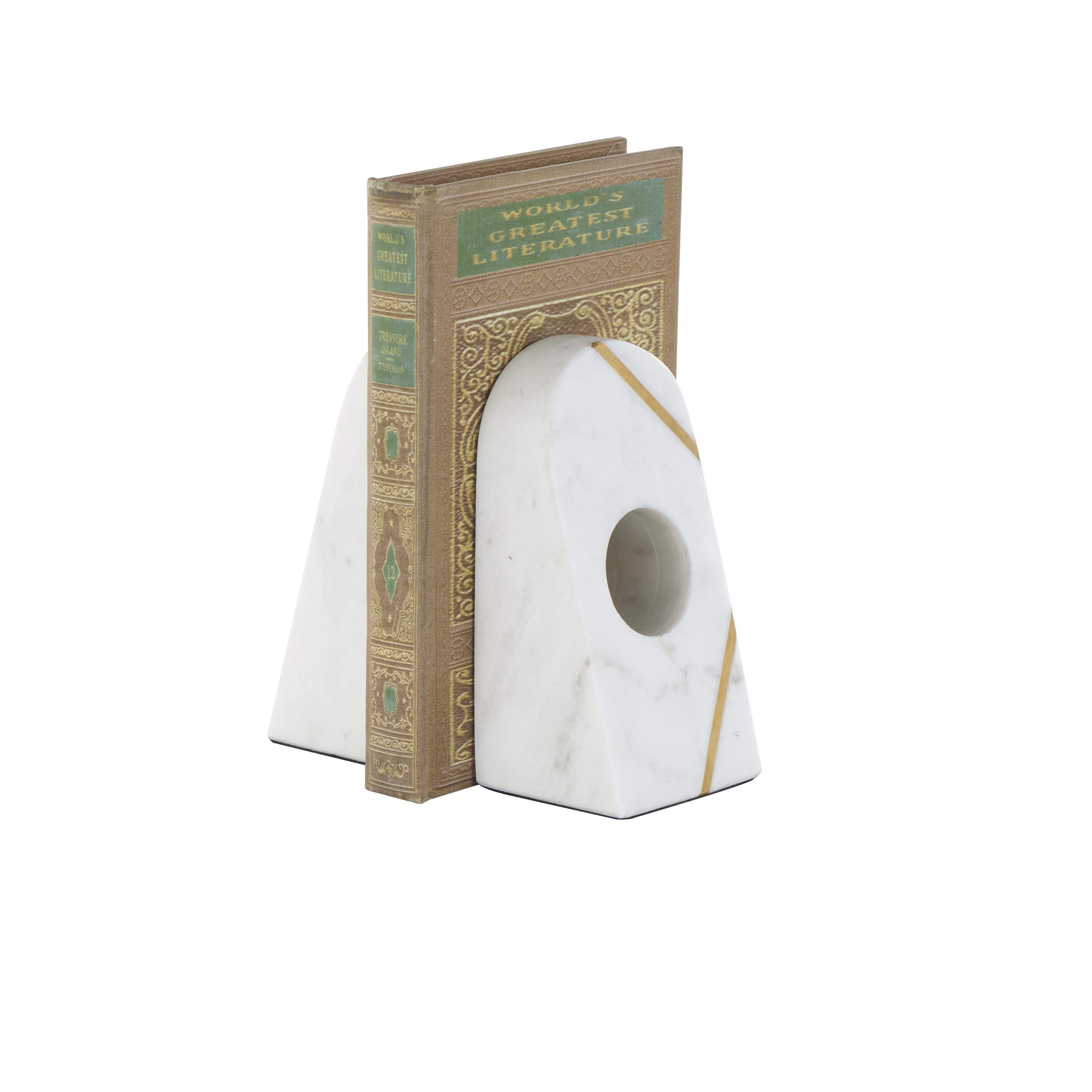 White Marble Geometric Curved Pyramid Decorative Bookends with Diagonal Gold Stripes, Set of 2 3"W, 6"H