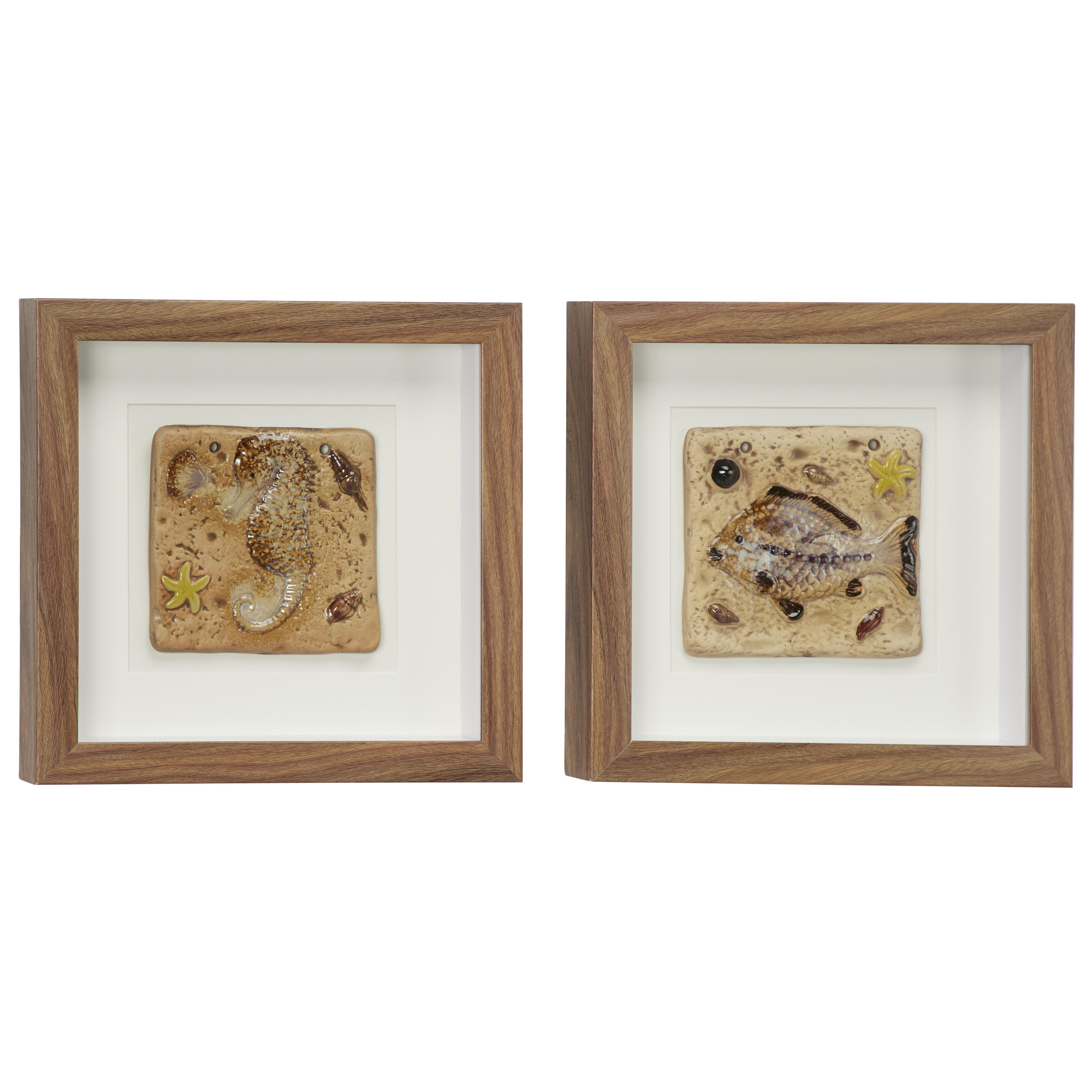 Brown Wooden Sea Life Home Shadow Box with White Backing, Set of 2 12"W, 12"H