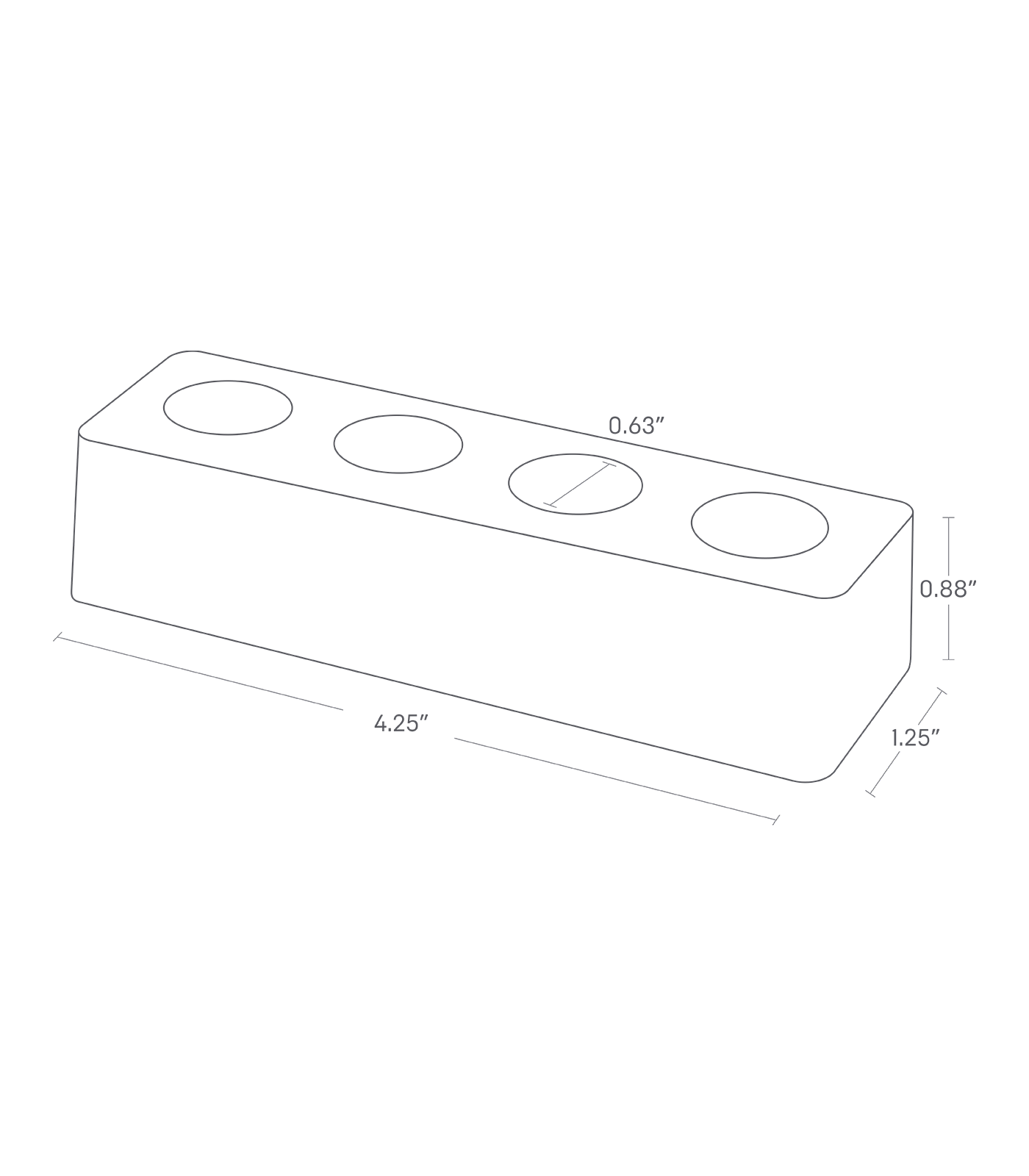 Dimenision image for Ceramic Toothbrush Standon a white background showing total width of 4.25", length of 1.25", height of 0.88". The diameter of each hole of the item is 0.63".