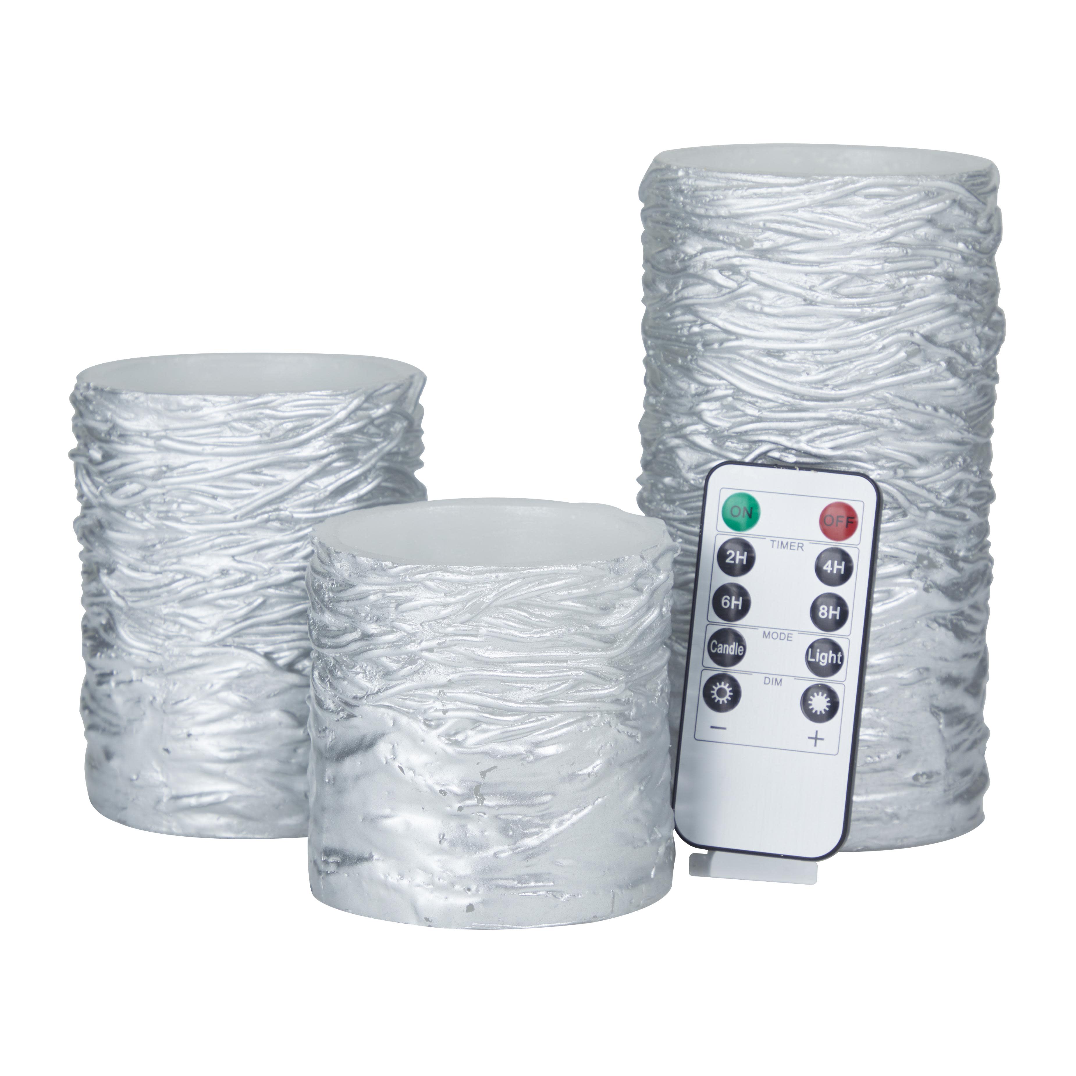 Silver Wax  Textured Indoor Outdoor Flameless Candle with Remote Control, Set of 3 6", 4", 3"H