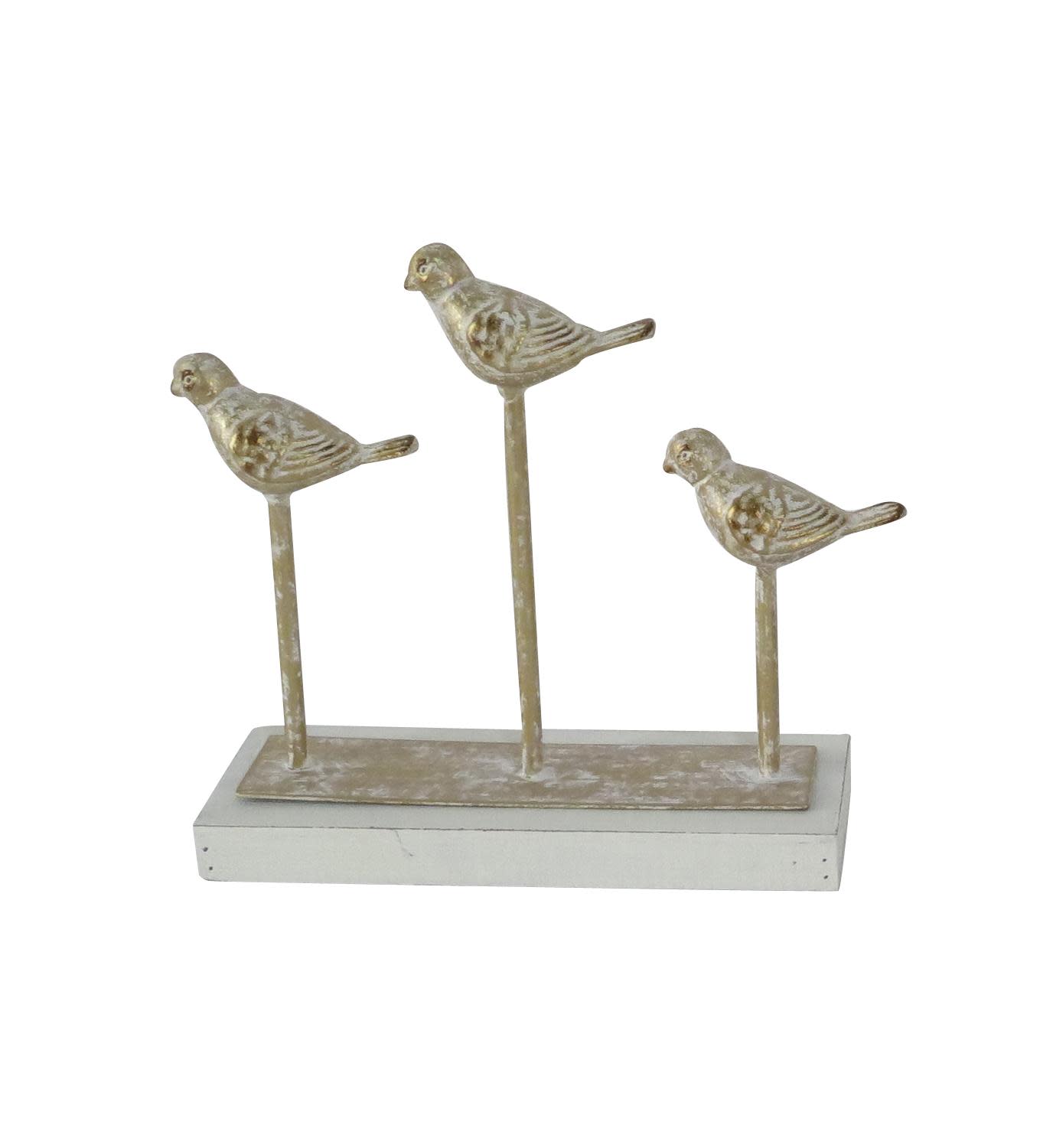 Vintage Style Metallic Gold Carved Metal Bird Figurines on White Wood Base, 12" x 12"