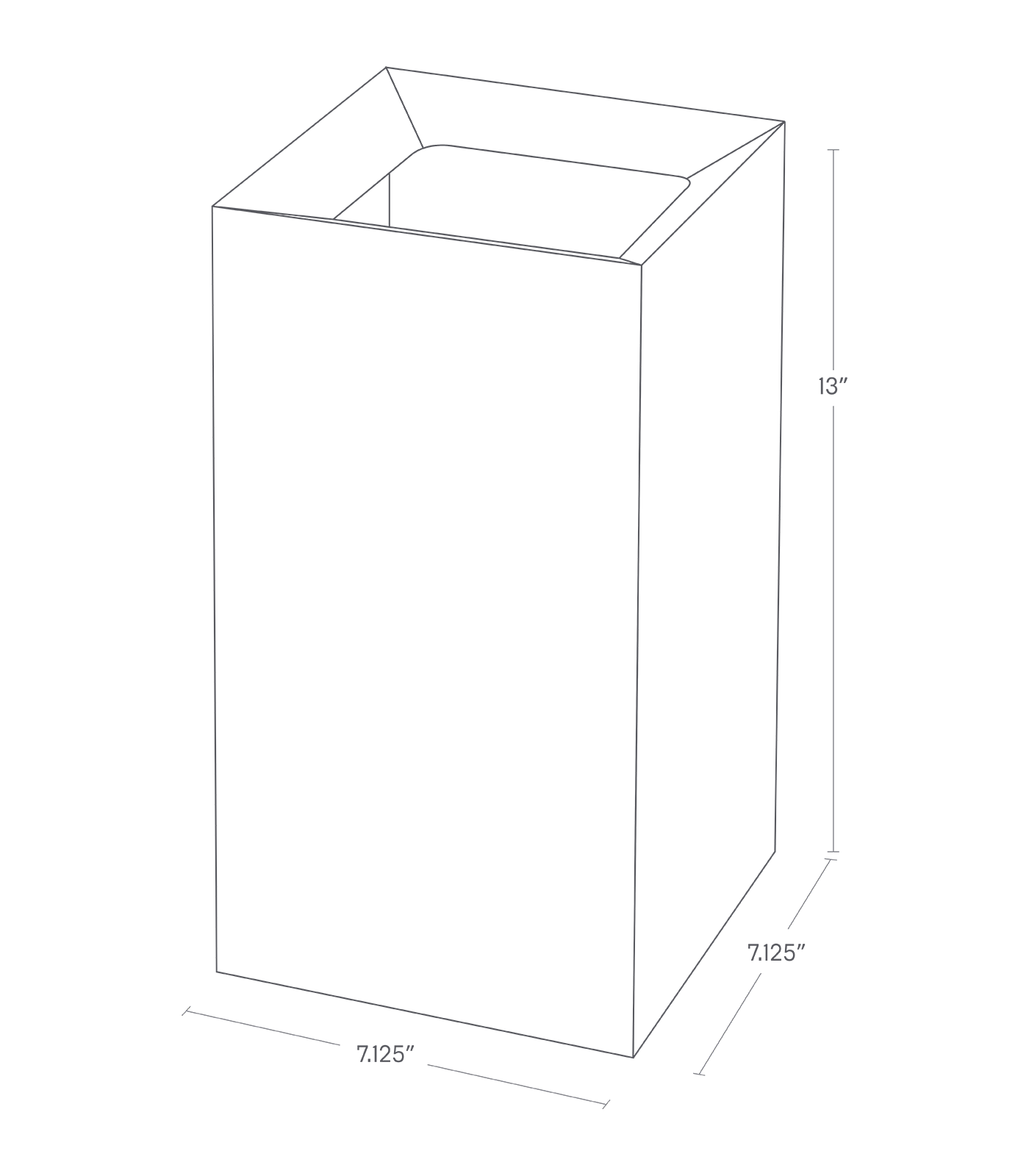 Dimension image for Trash Can showing a total height of 13", and equal length/height of 7.125".