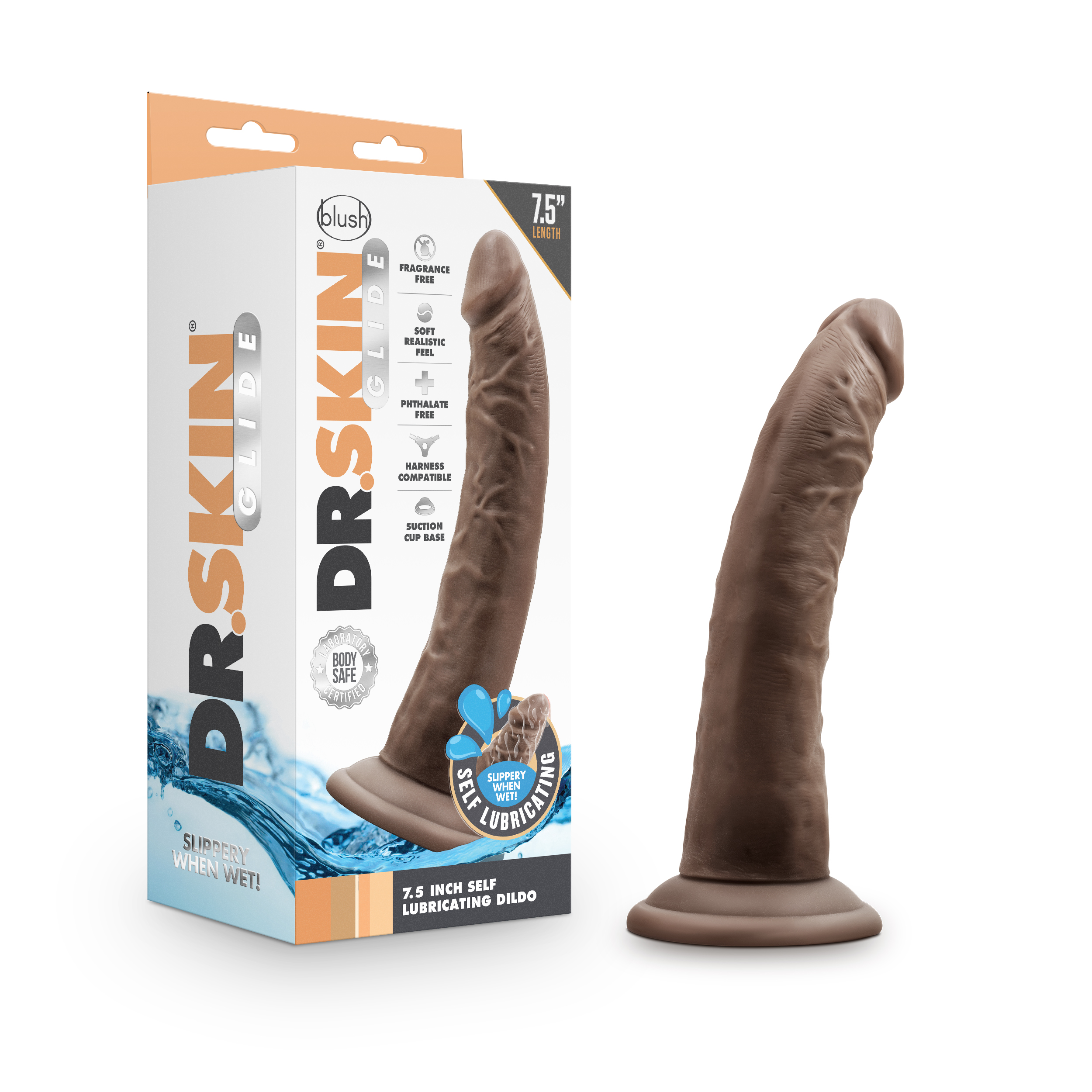 Blush Dr. Skin Glide Realistic Chocolate 7.5-Inch Long Dildo With Suction Cup Base