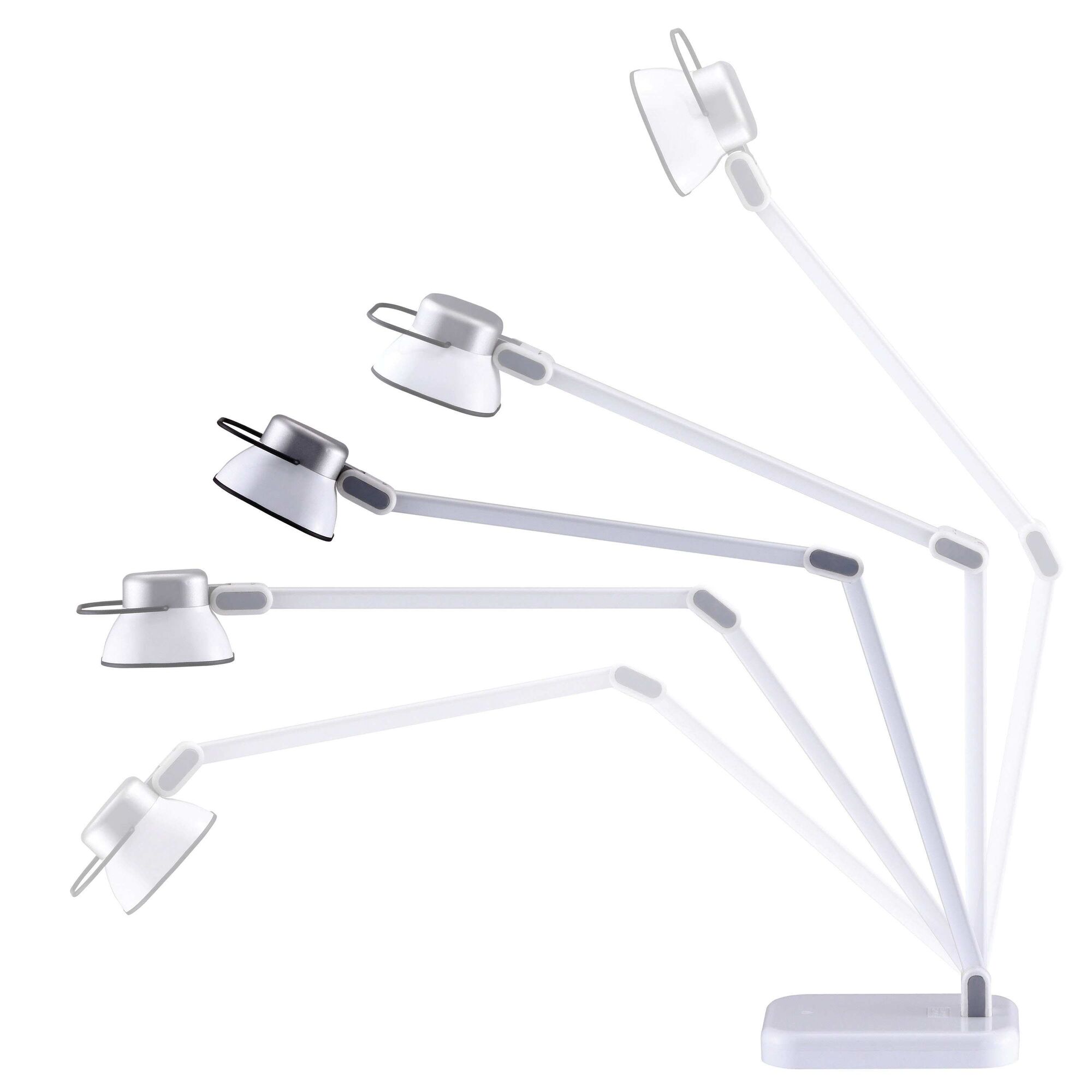 Adjustable lamp head and lamp arm feature of Elate Dual Arm LED Desk Lamp.