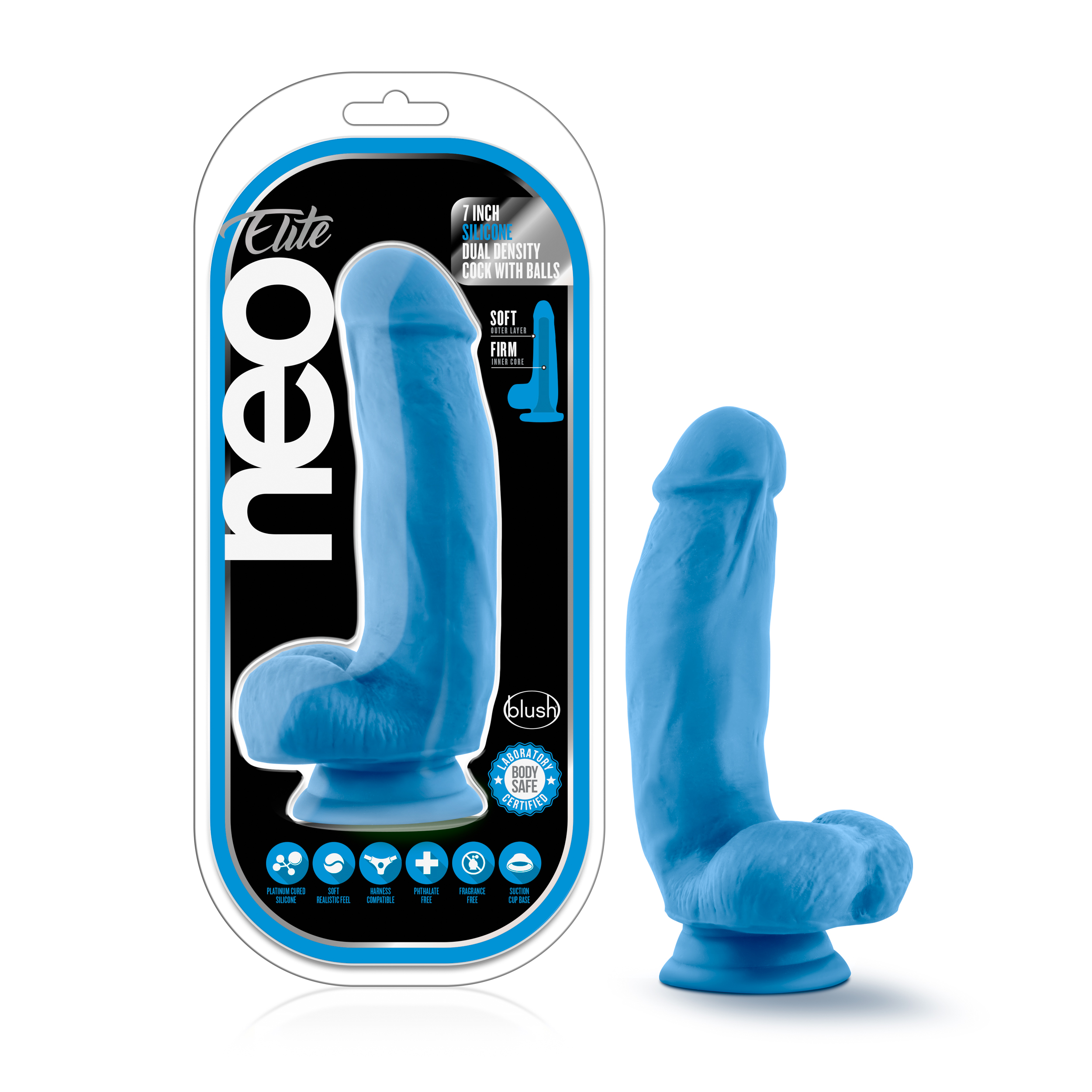 Blush Neo Elite? / Neon Blue: 7-Inch Long Dildo - Made with Purio? Silicone & SensaFeel? Dual Density Realistic Technology