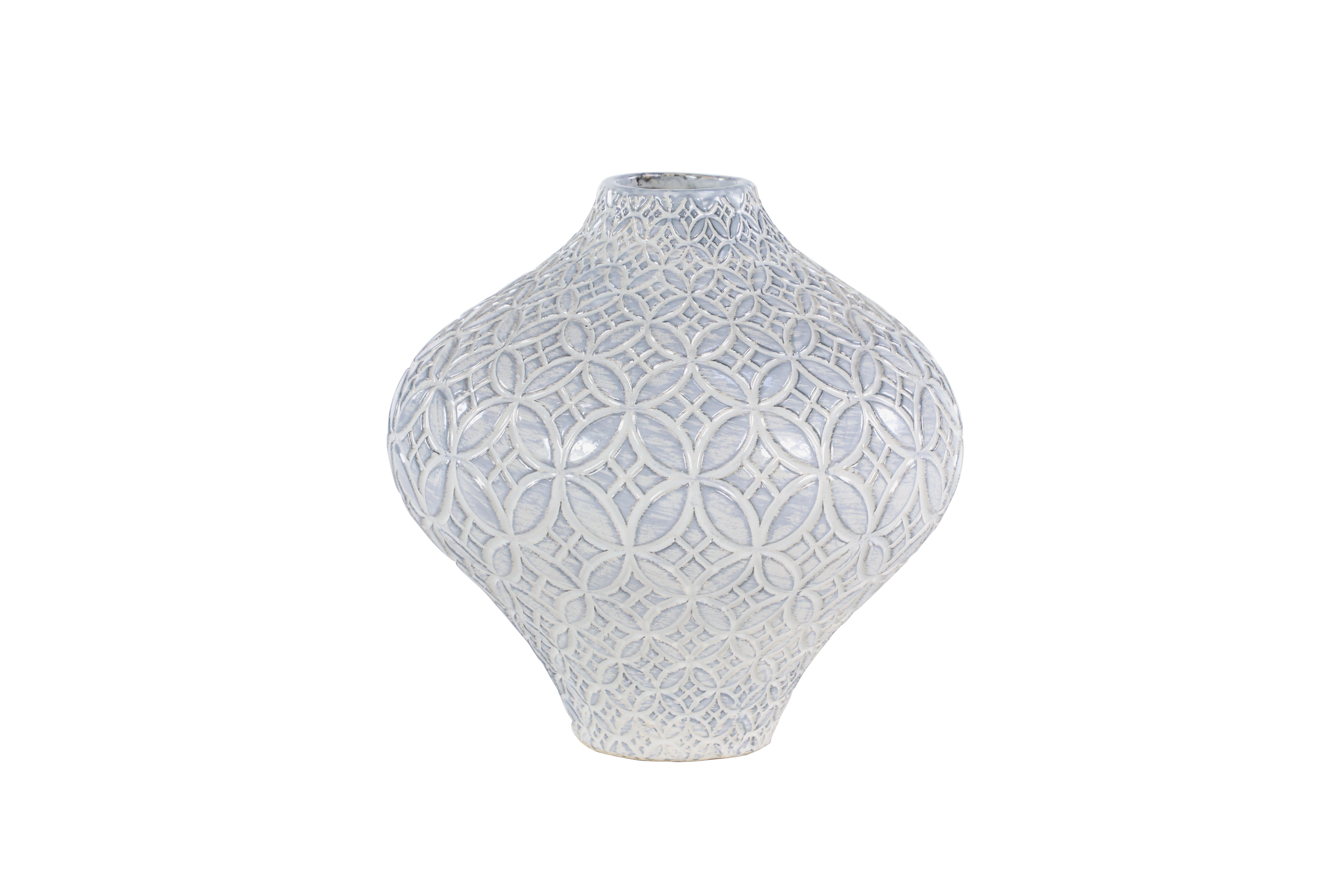 White Porcelain Ceramic  Floral Decorative Vase, 10" x 10" x 10"