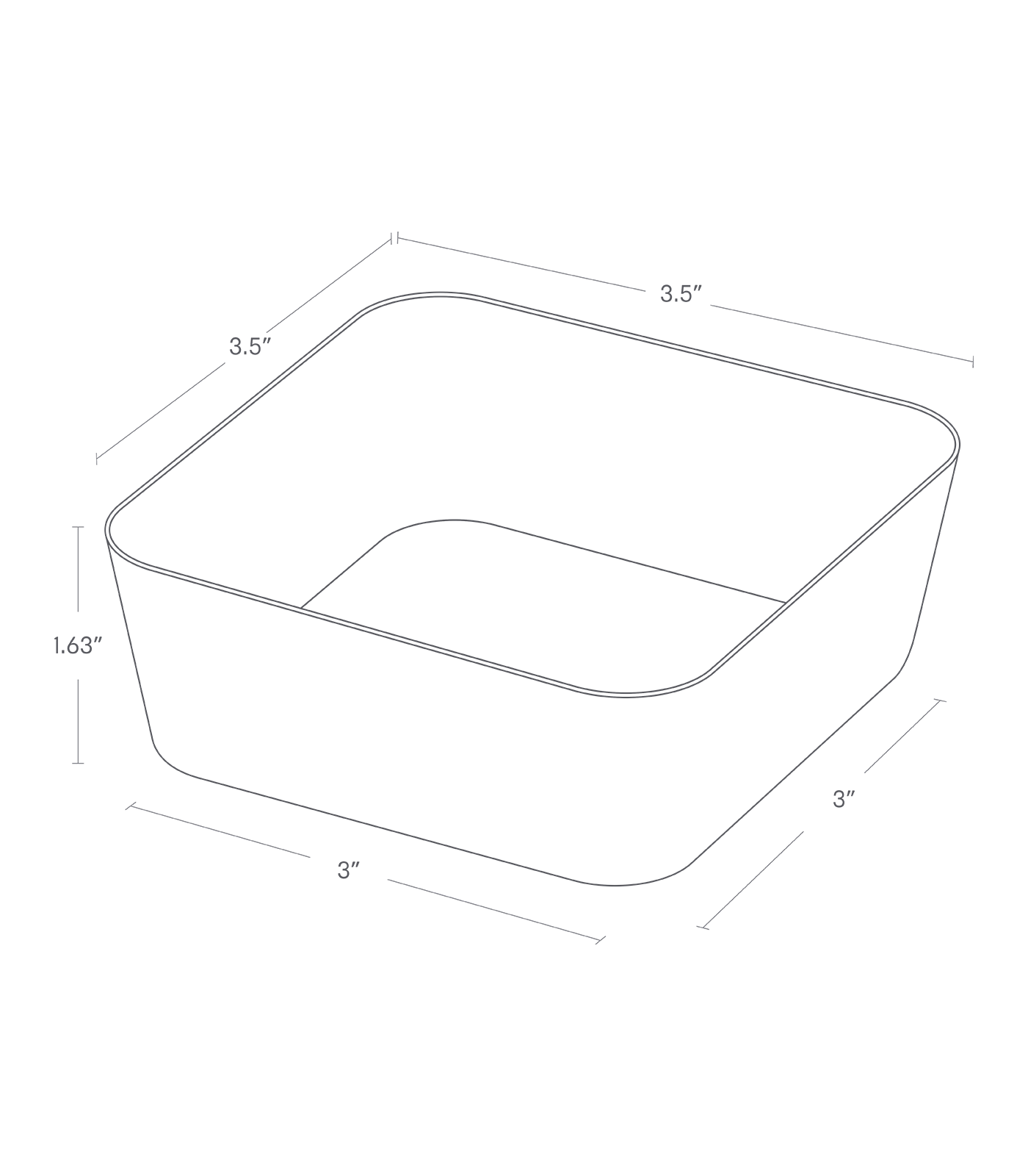 Dimenision image for Vanity Tray - Flat - Two Sizeson a white background showing total width and length of 3.5", height of 1.63". The bottom of the item shows width and length of 3".