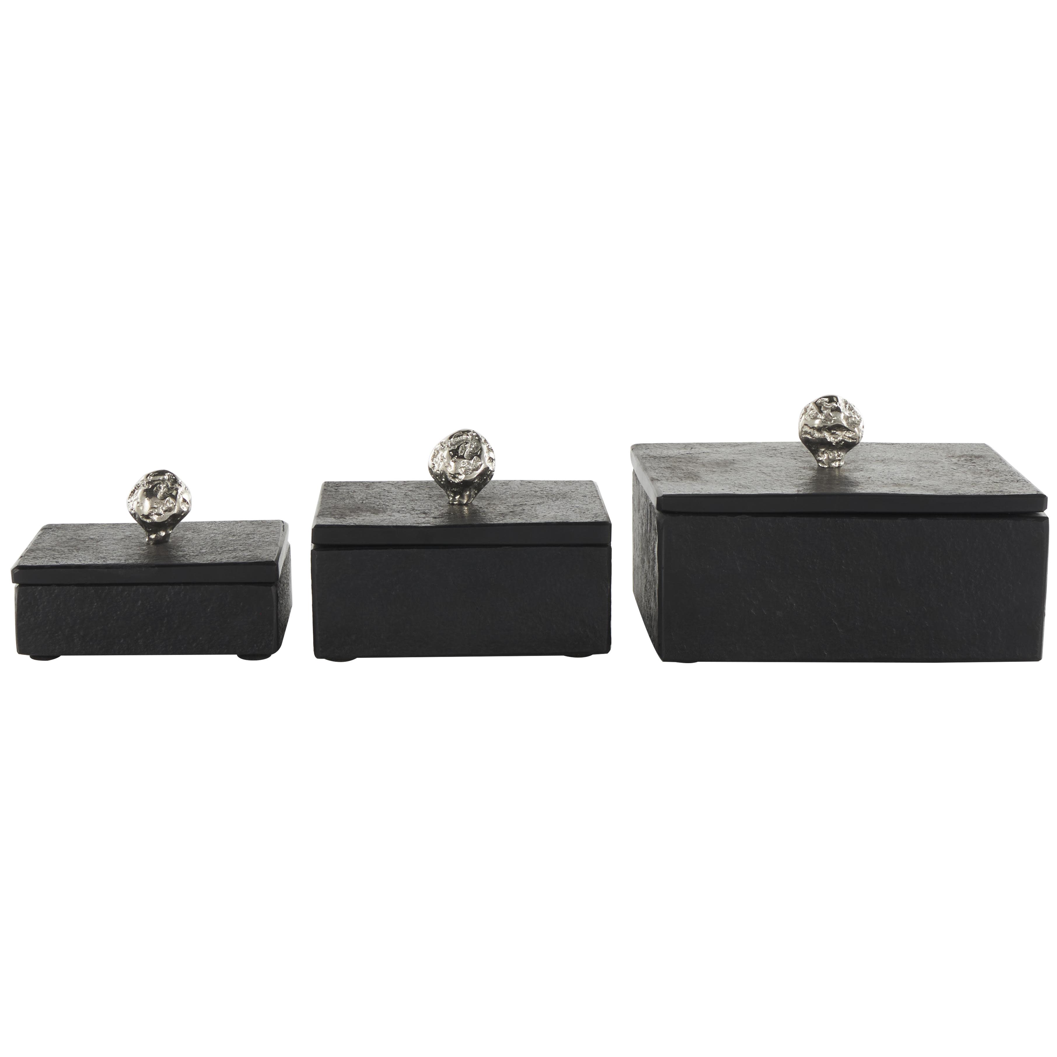 Black Marble  Decorative Box with Silver Knobs, Set of 3 9", 7", 6"W